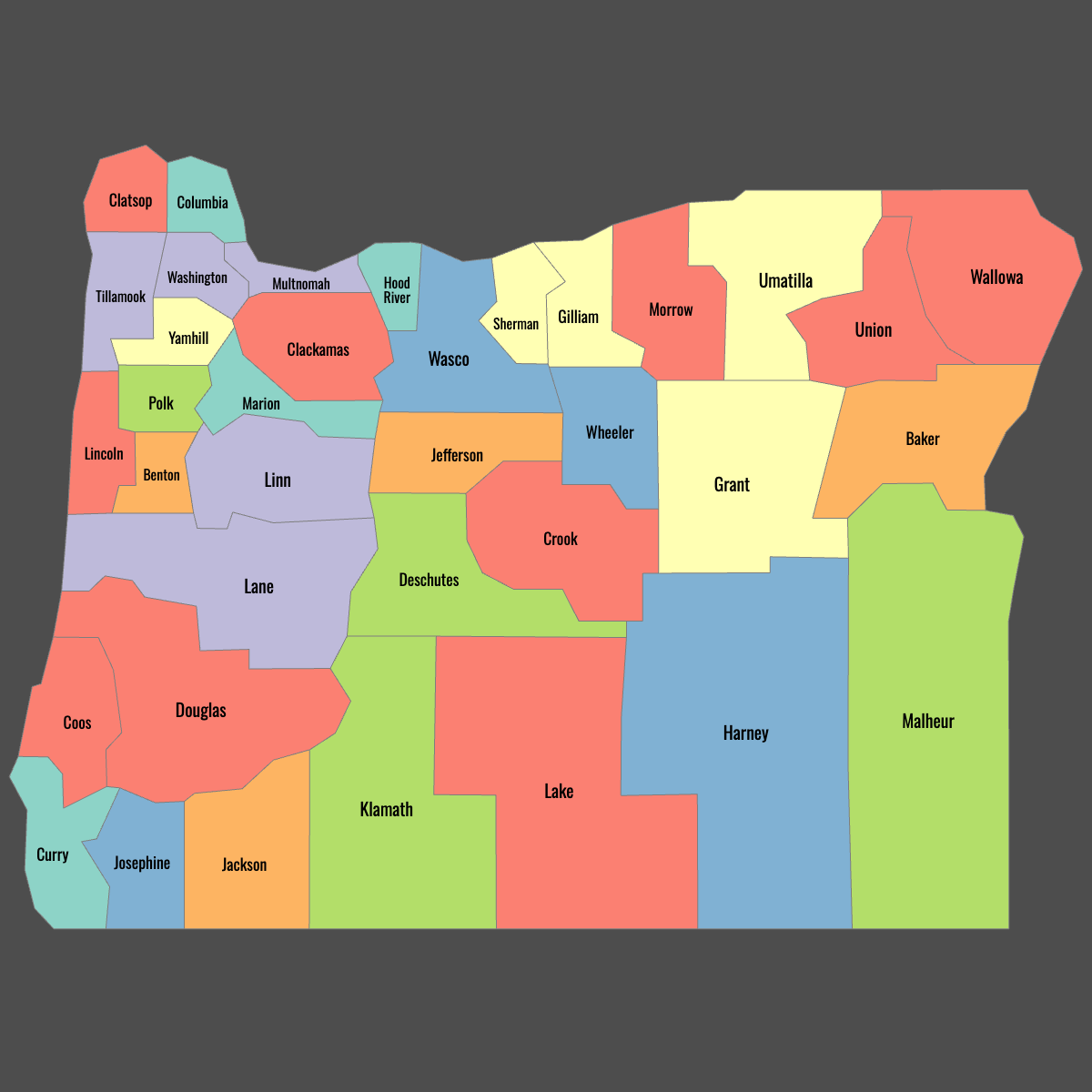 Colored Map of Oregon Counties with Labels (Dark Theme)