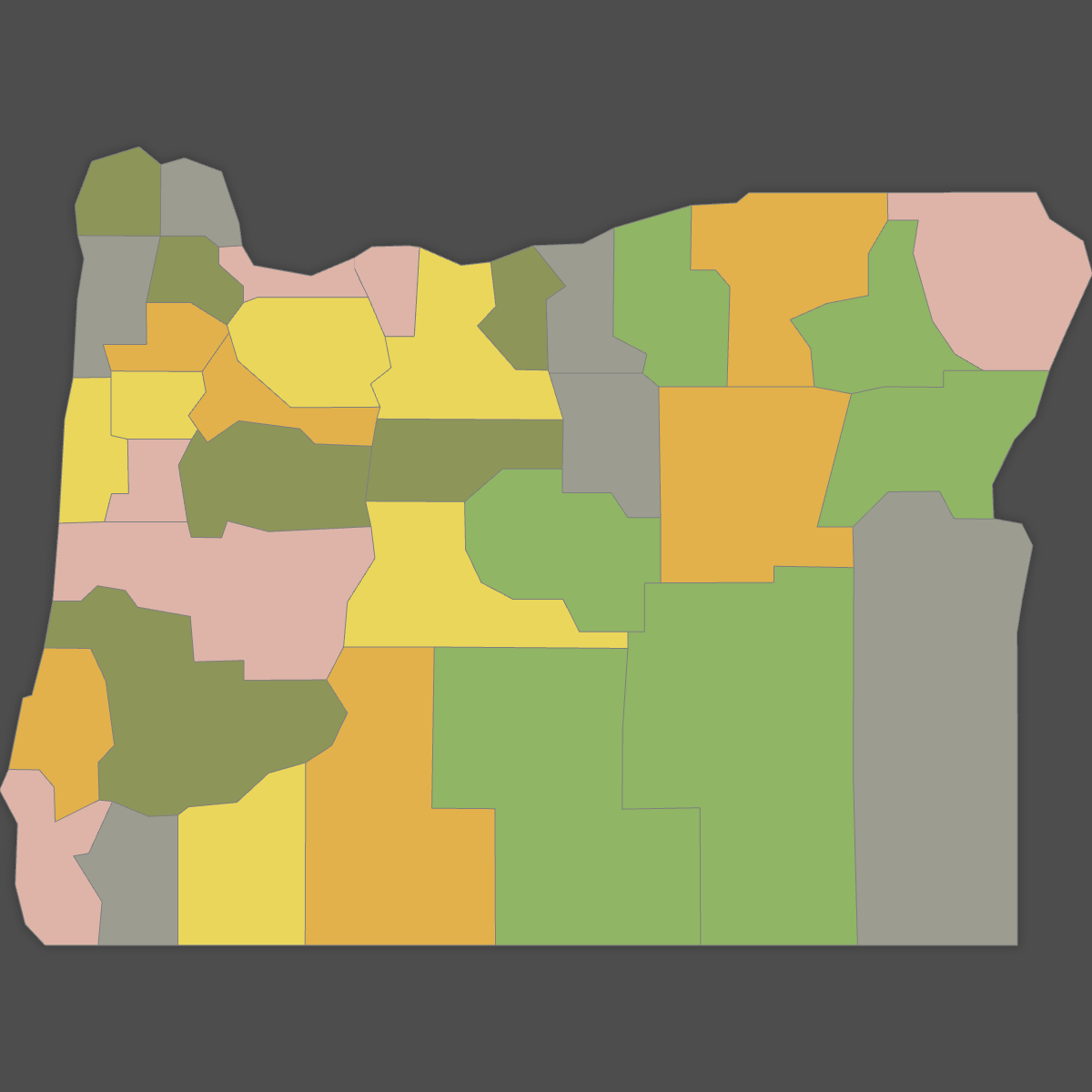 Colored Map of Oregon Counties (Dark Theme)