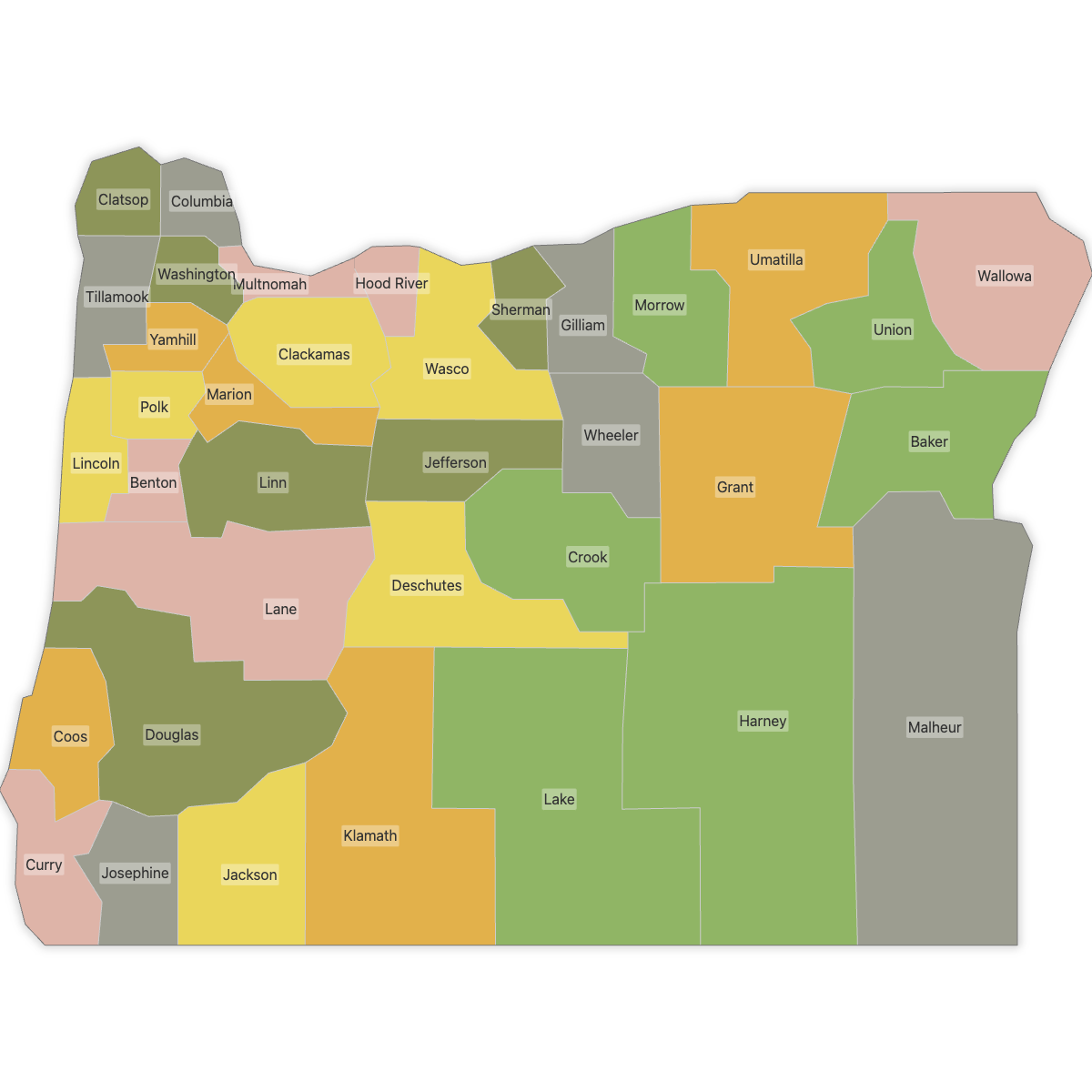 Colored Map of Oregon Counties with Labels