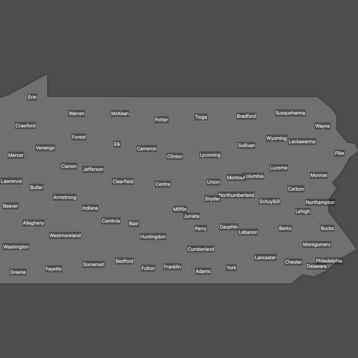 Blank Map of Pennsylvania Counties with Labels (Dark Theme)