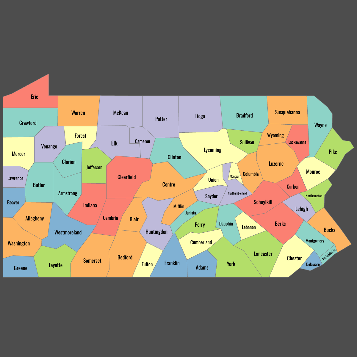 Colored Map of Pennsylvania Counties with Labels (Dark Theme)