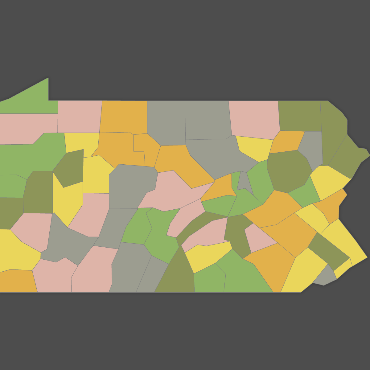 Colored Map of Pennsylvania Counties (Dark Theme)