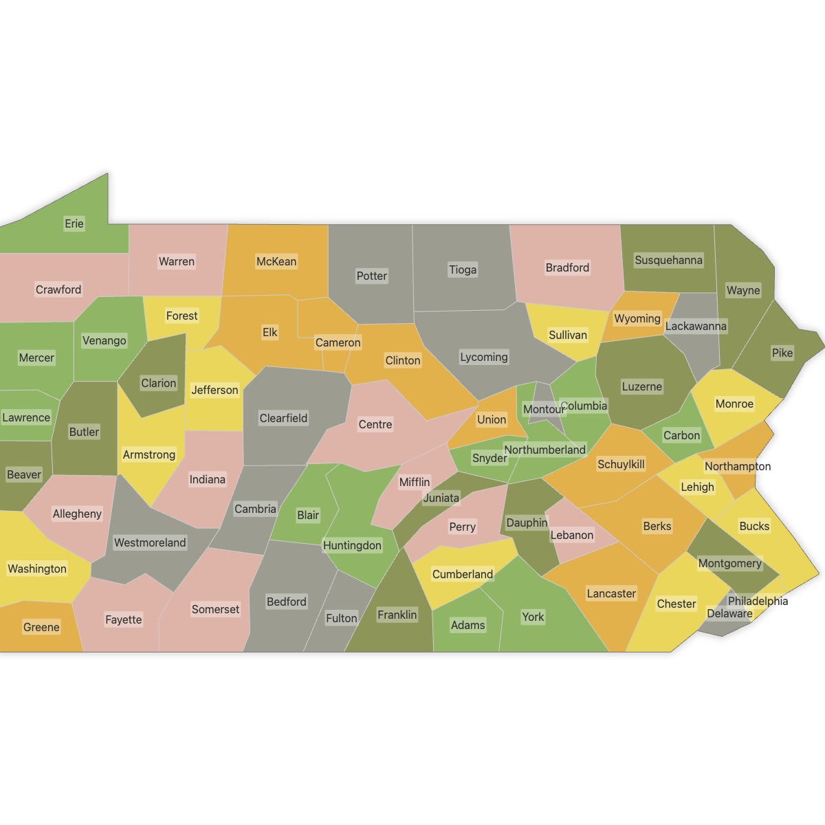 Colored Map of Pennsylvania Counties with Labels