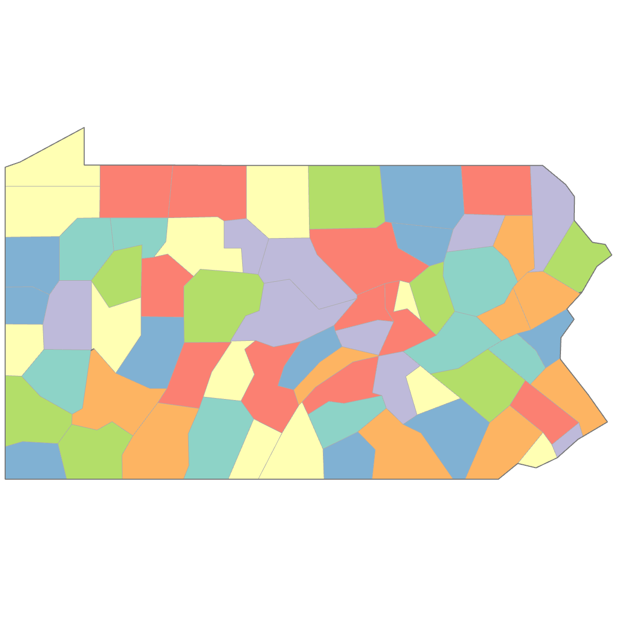 Colored Map of Pennsylvania Counties