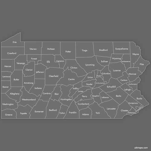 Preview of Labeled Map of Pennsylvania Counties (Dark)