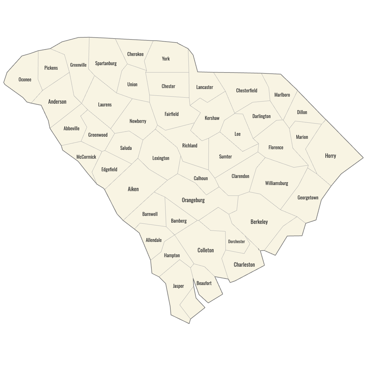 Blank Map of South Carolina Counties with Labels