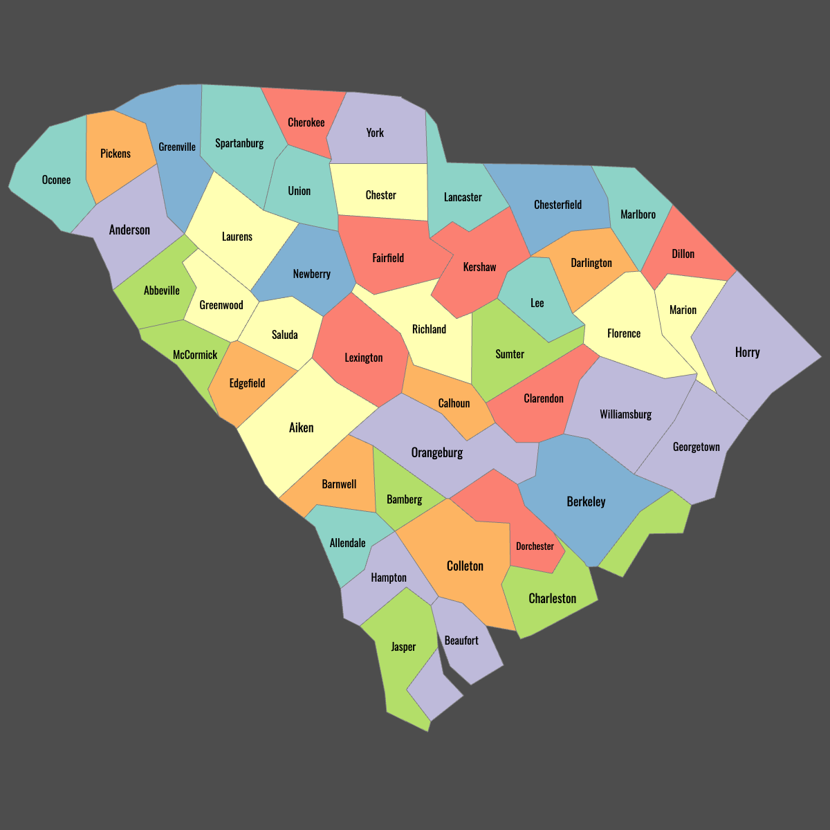 Colored Map of South Carolina Counties with Labels (Dark Theme)