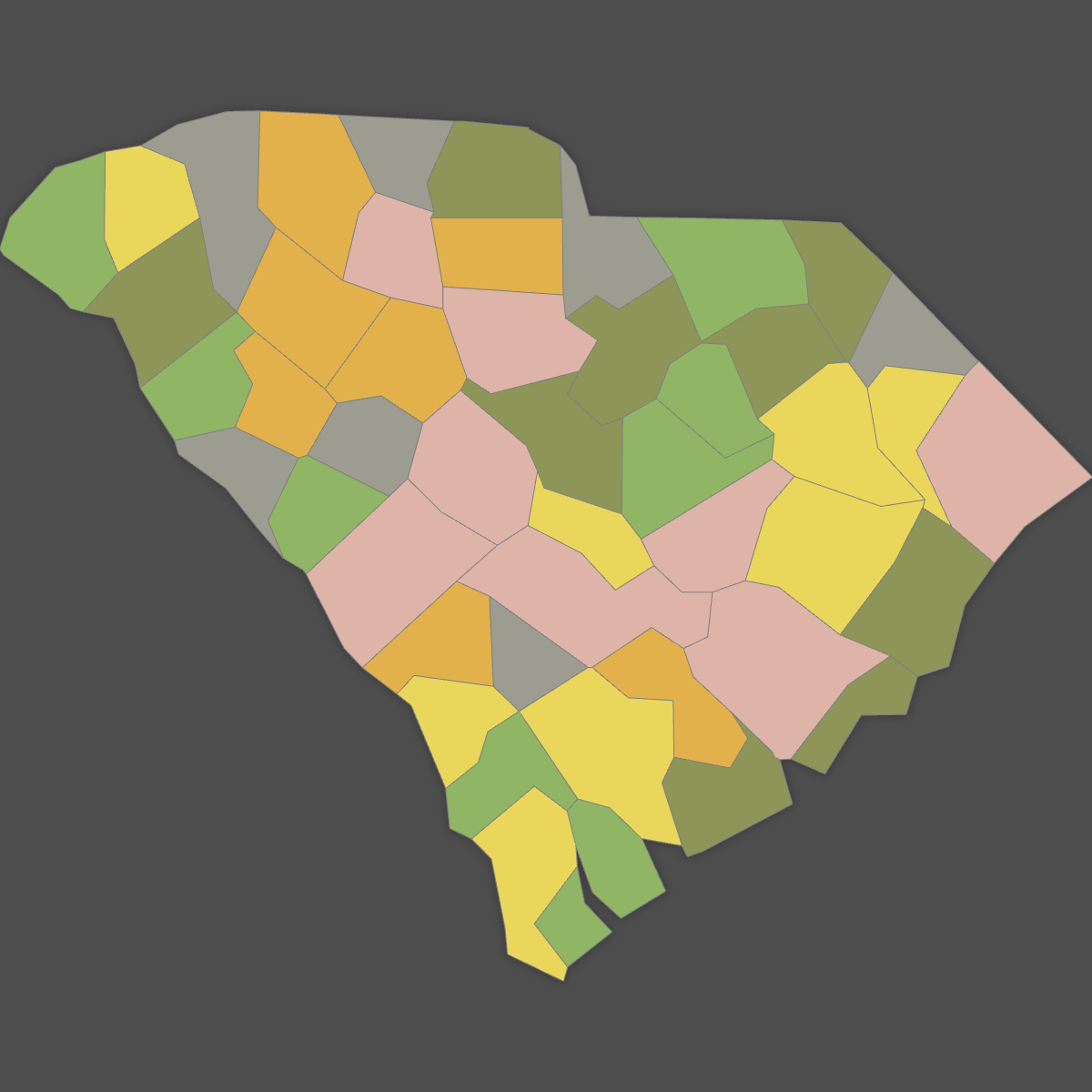 Colored Map of South Carolina Counties (Dark Theme)