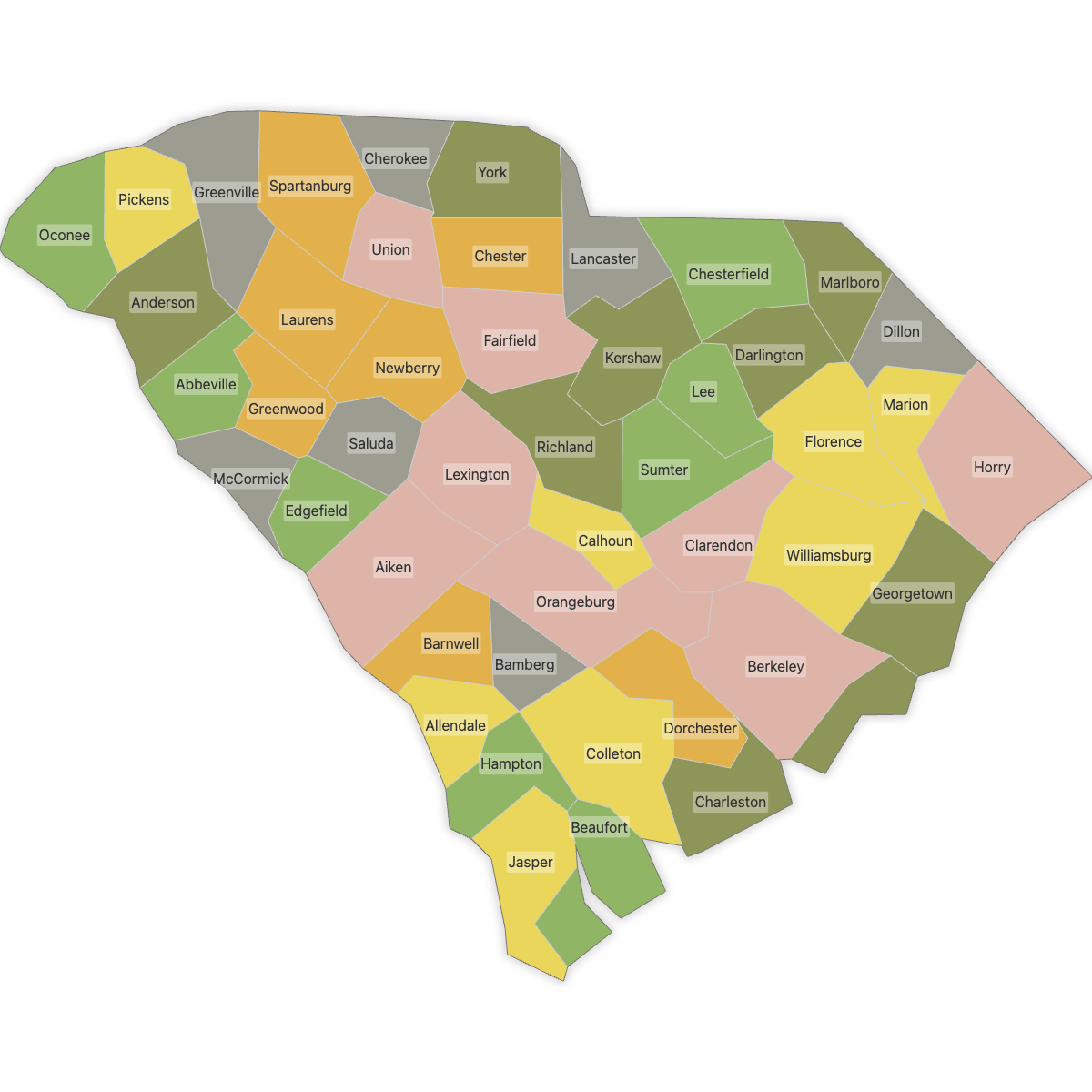 Colored Map of South Carolina Counties with Labels