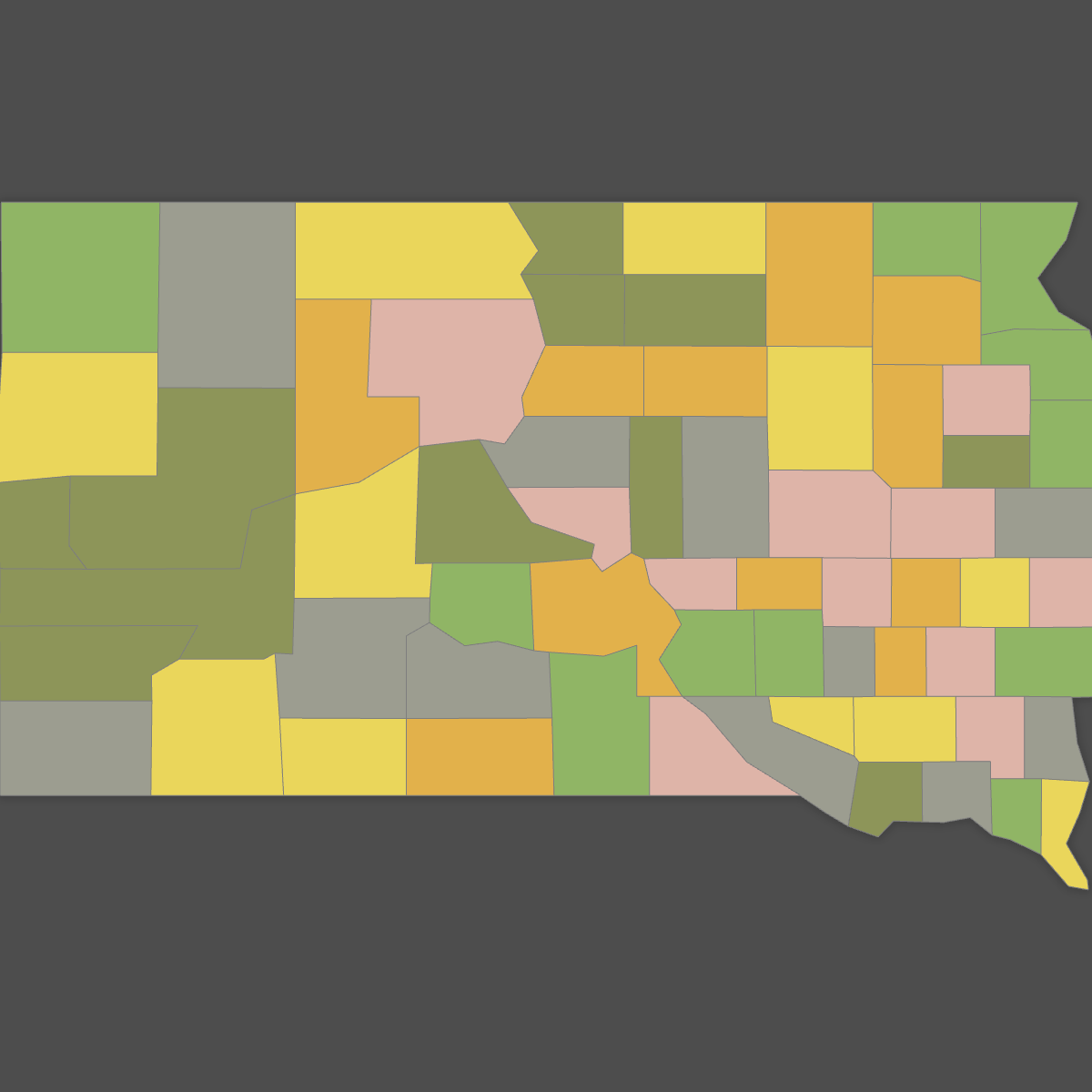 Colored Map of South Dakota Counties (Dark Theme)