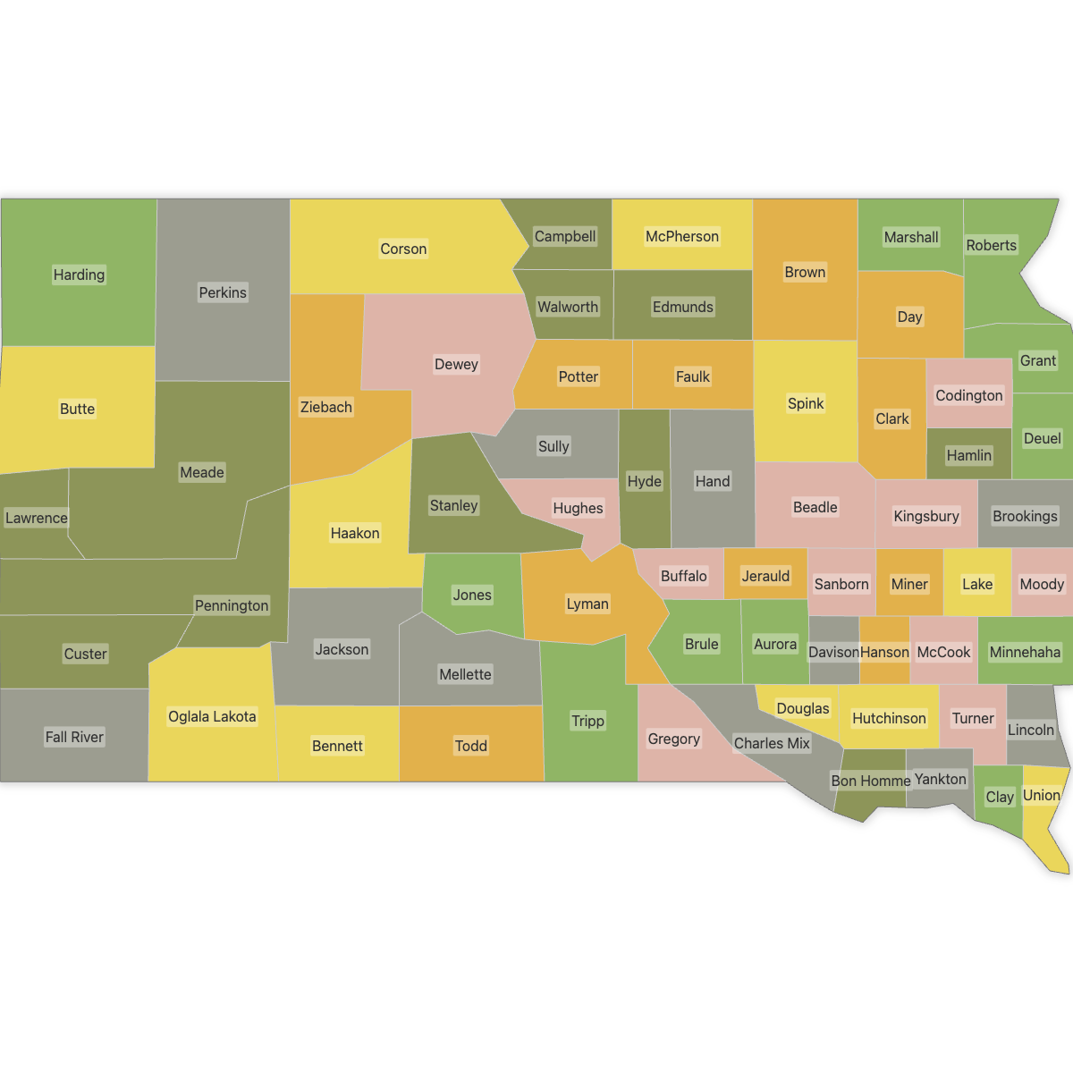 Colored Map of South Dakota Counties with Labels