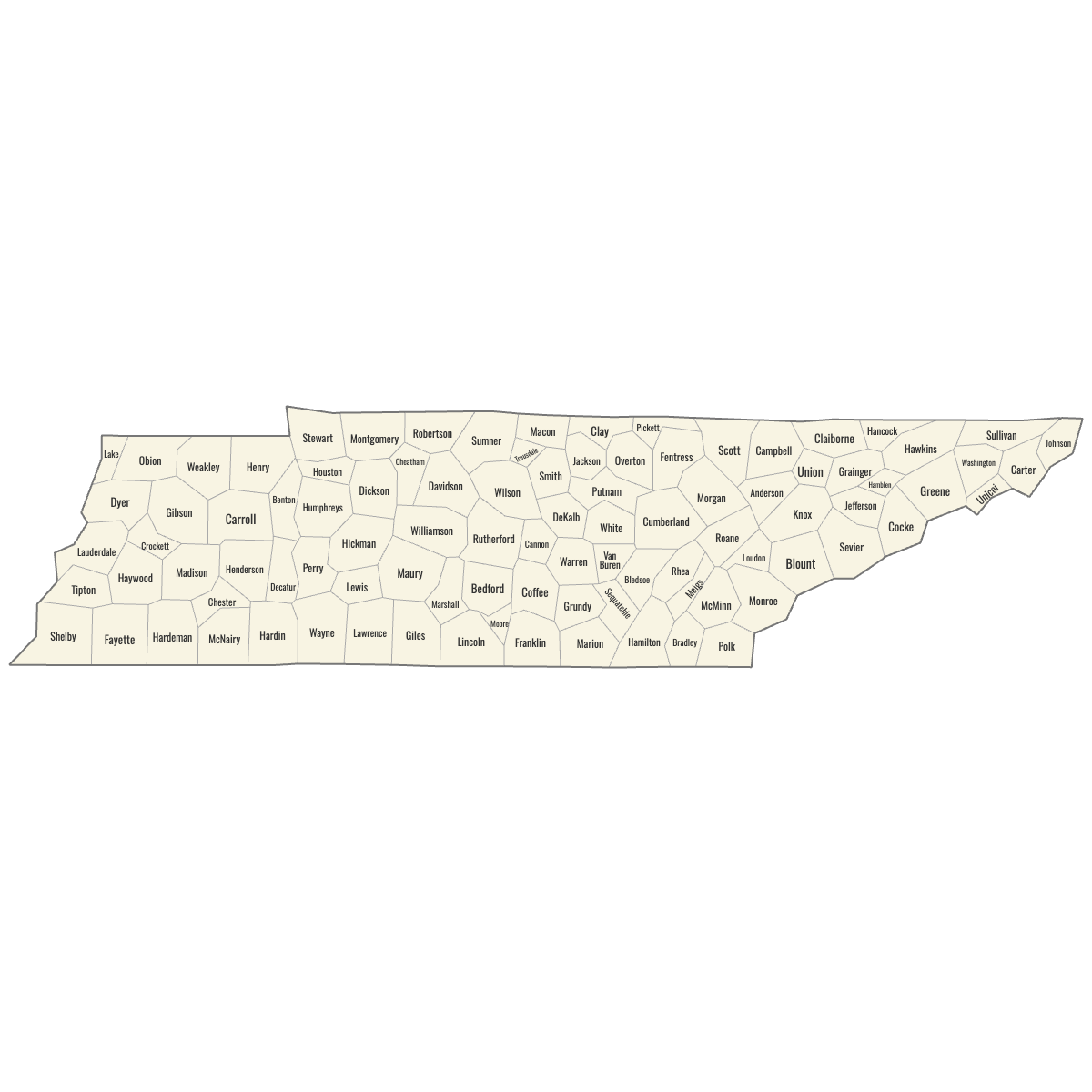 Blank Map of Tennessee Counties with Labels