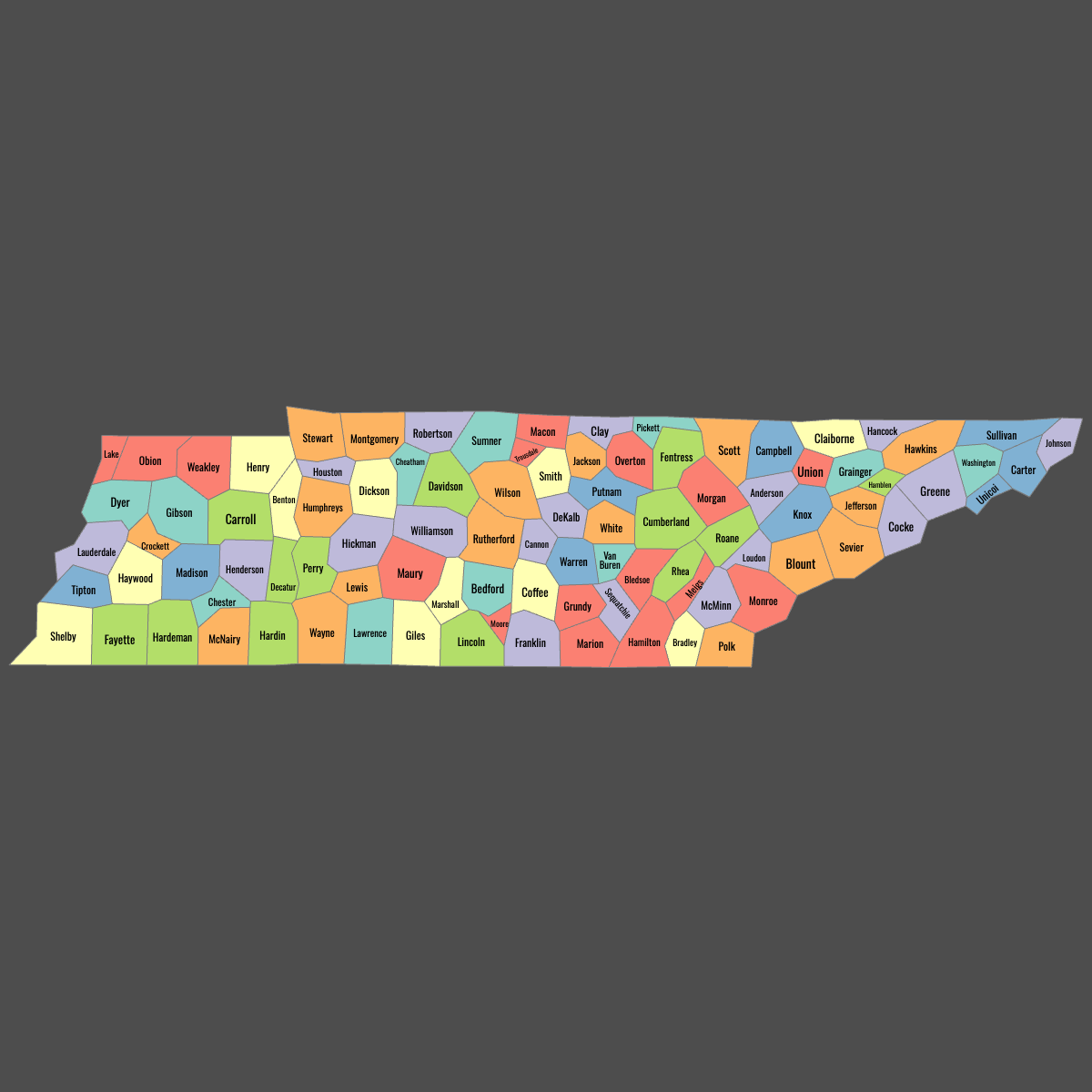 Colored Map of Tennessee Counties with Labels (Dark Theme)