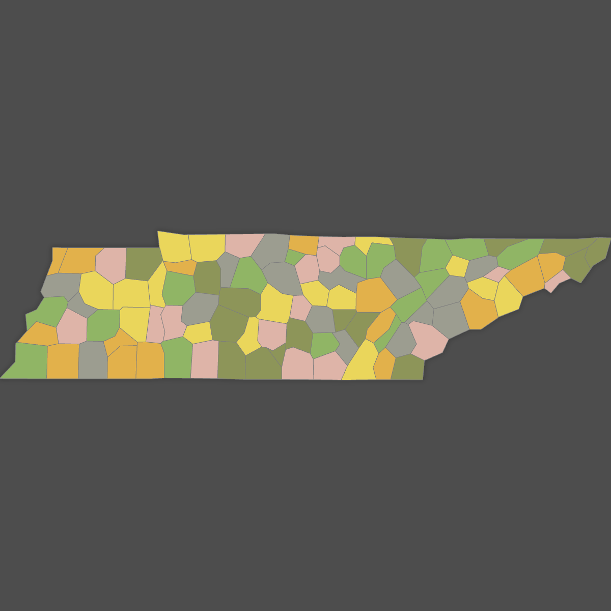 Colored Map of Tennessee Counties (Dark Theme)