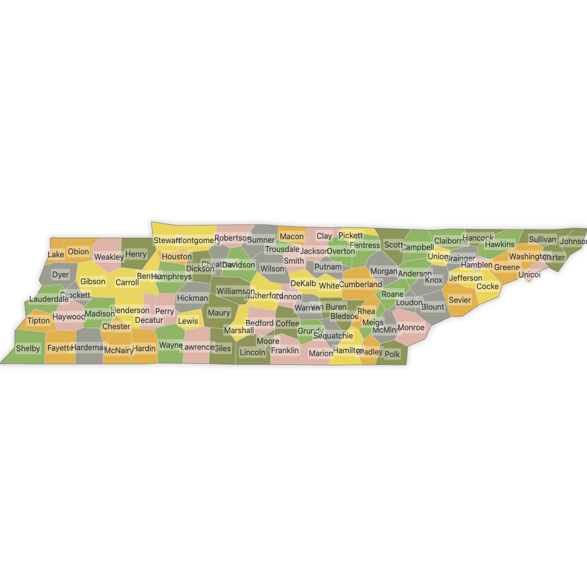 Colored Map of Tennessee Counties with Labels