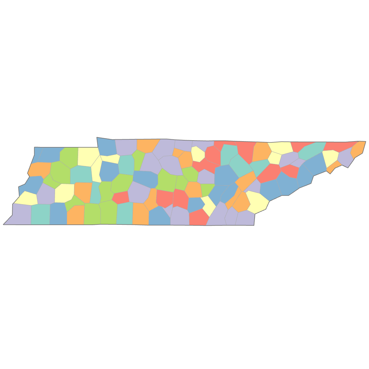 Colored Map of Tennessee Counties