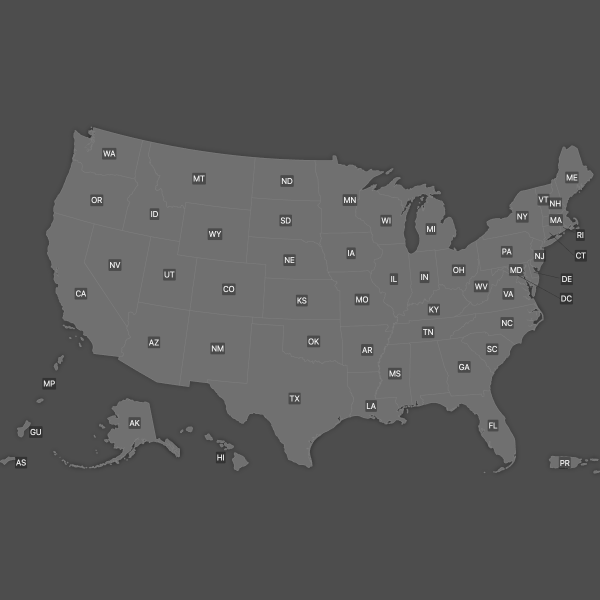 Blank Map of the United States with Outlying Territories with Labels (Dark Theme)