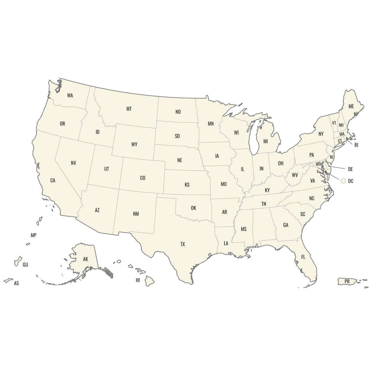 Blank Map of the United States with Outlying Territories with Labels