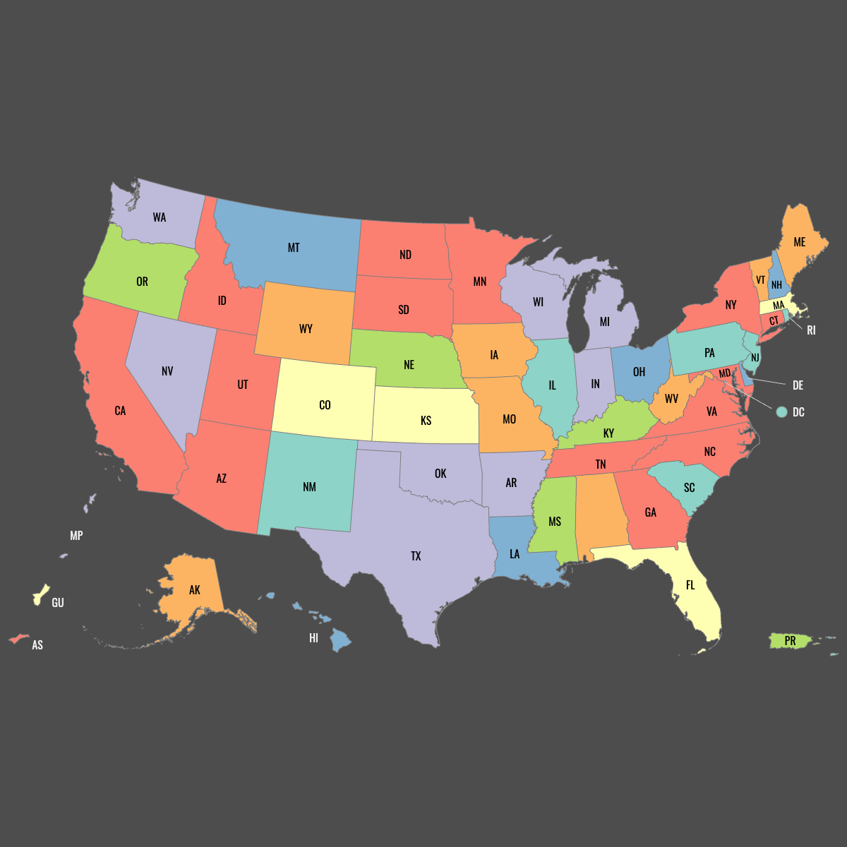 Colored Map of the United States with Outlying Territories with Labels (Dark Theme)