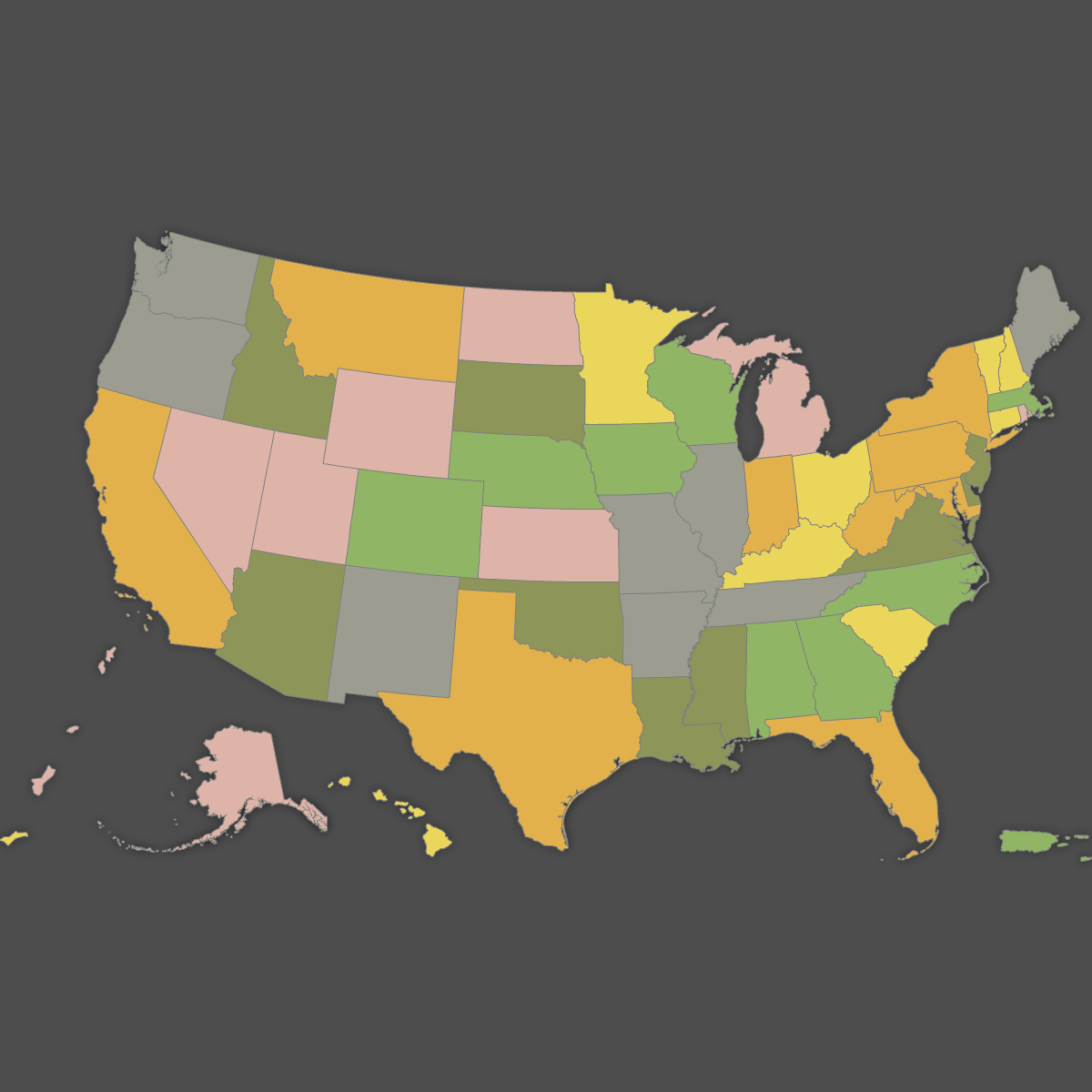 Colored Map of the United States with Outlying Territories (Dark Theme)