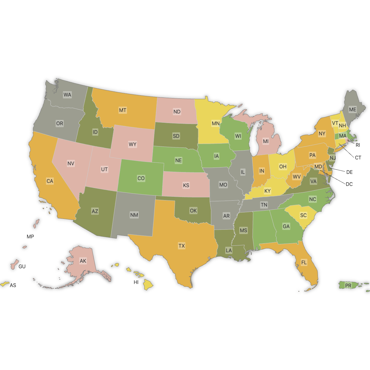 Colored Map of the United States with Outlying Territories with Labels