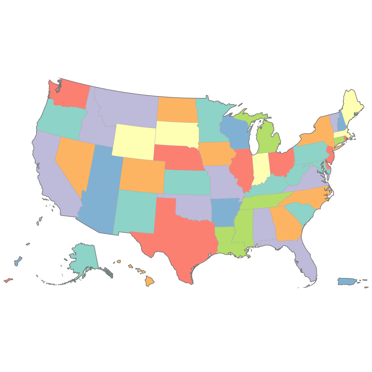 Colored Map of the United States with Outlying Territories