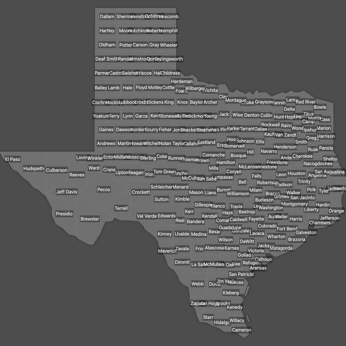 Blank Map of Texas Counties with Labels (Dark Theme)