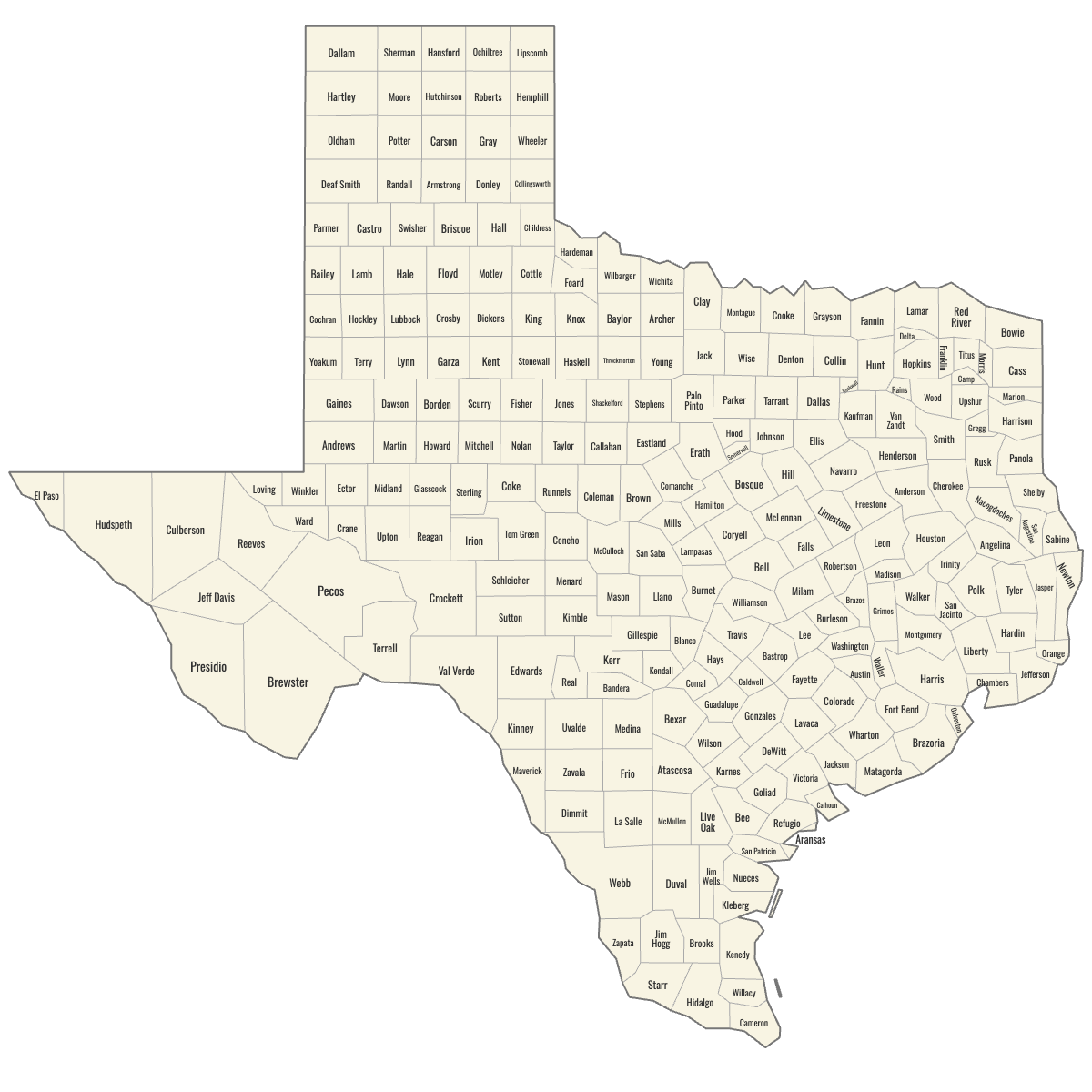 Blank Map of Texas Counties with Labels