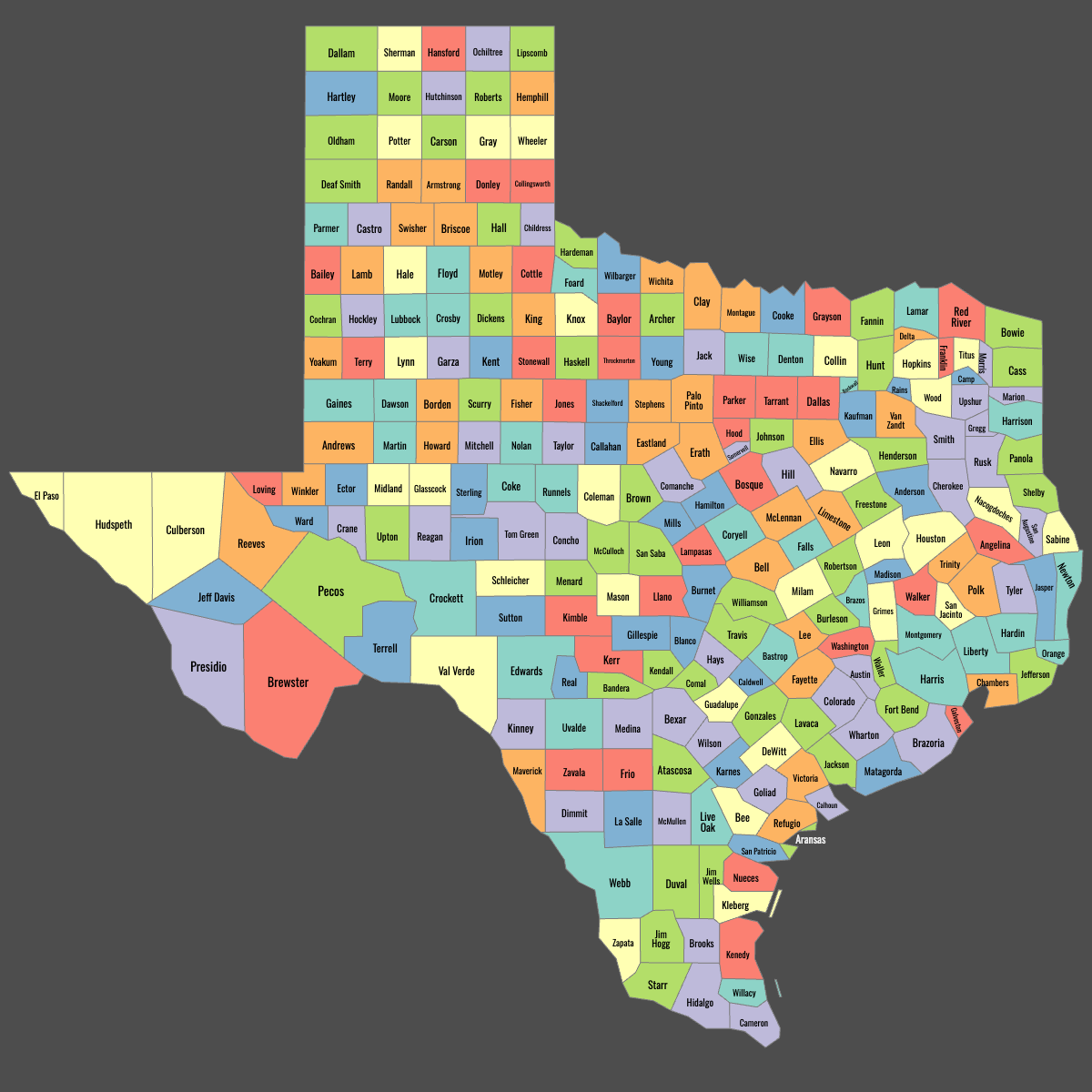 Colored Map of Texas Counties with Labels (Dark Theme)