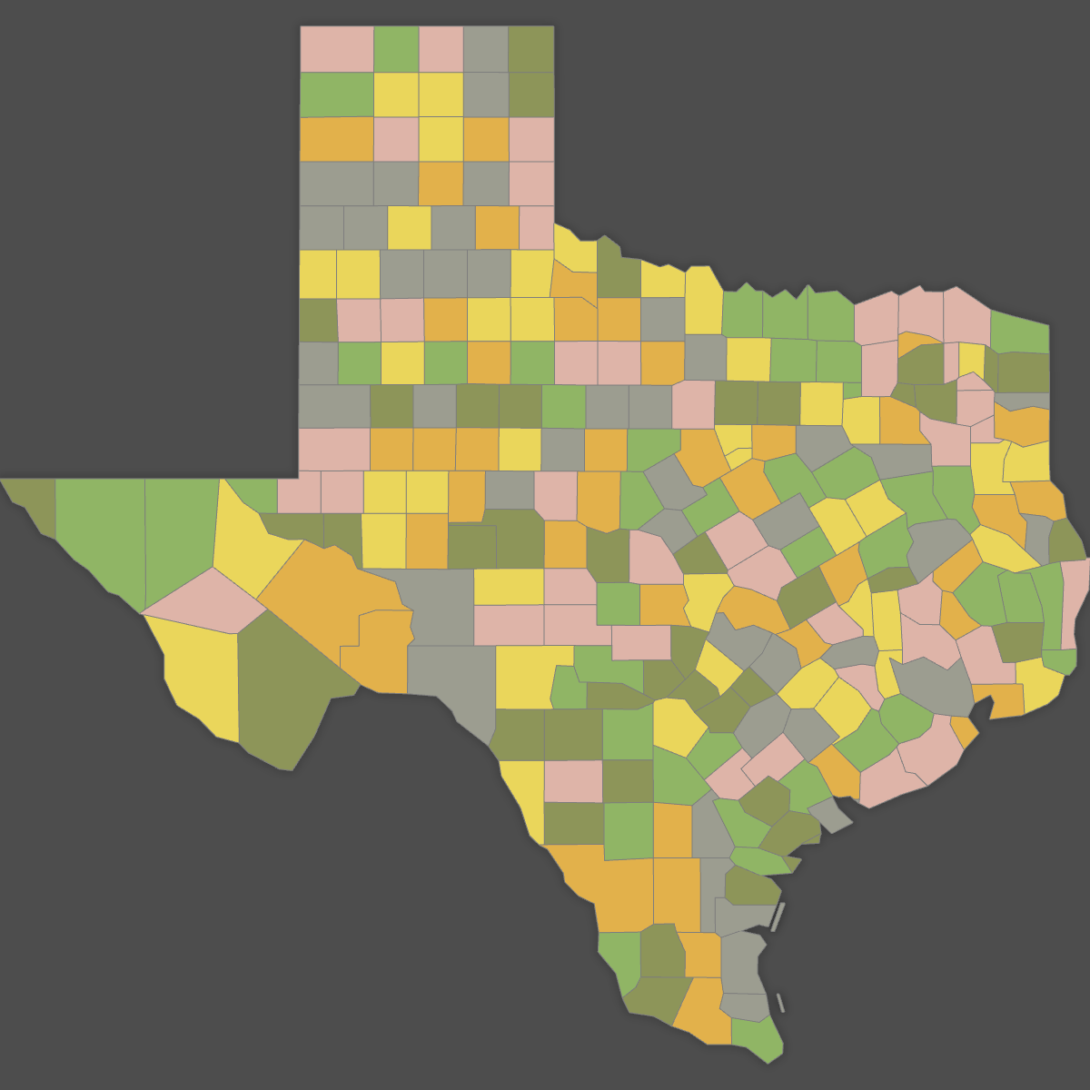 Colored Map of Texas Counties (Dark Theme)