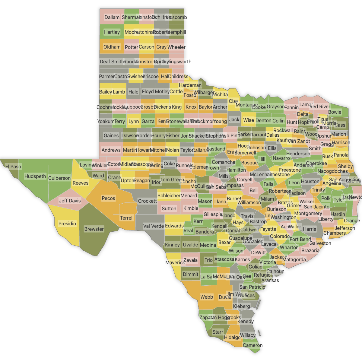 Colored Map of Texas Counties with Labels