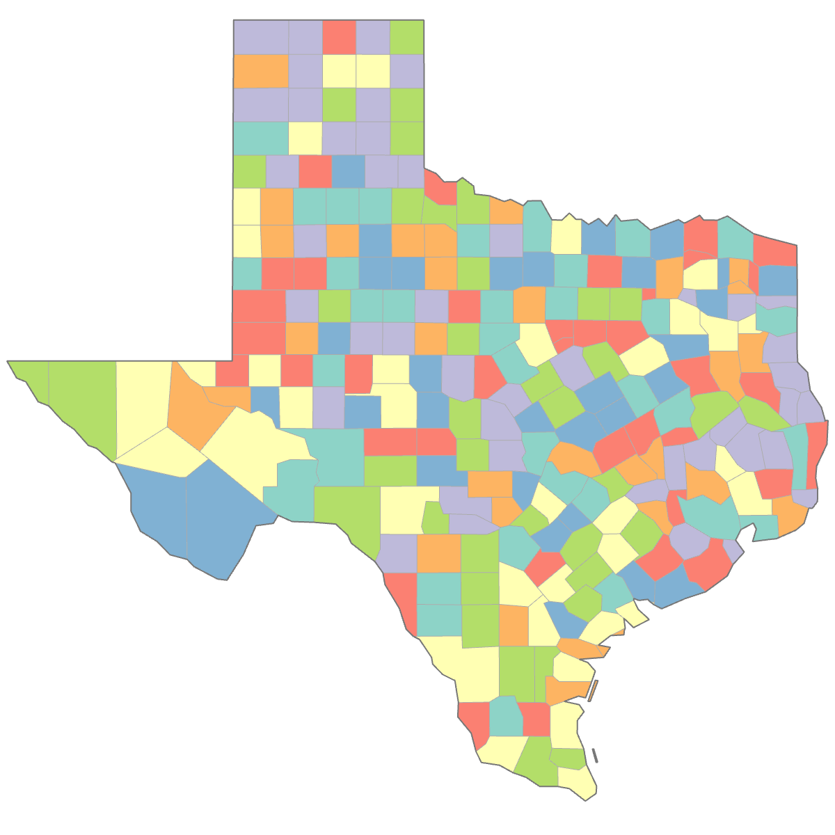 Colored Map of Texas Counties