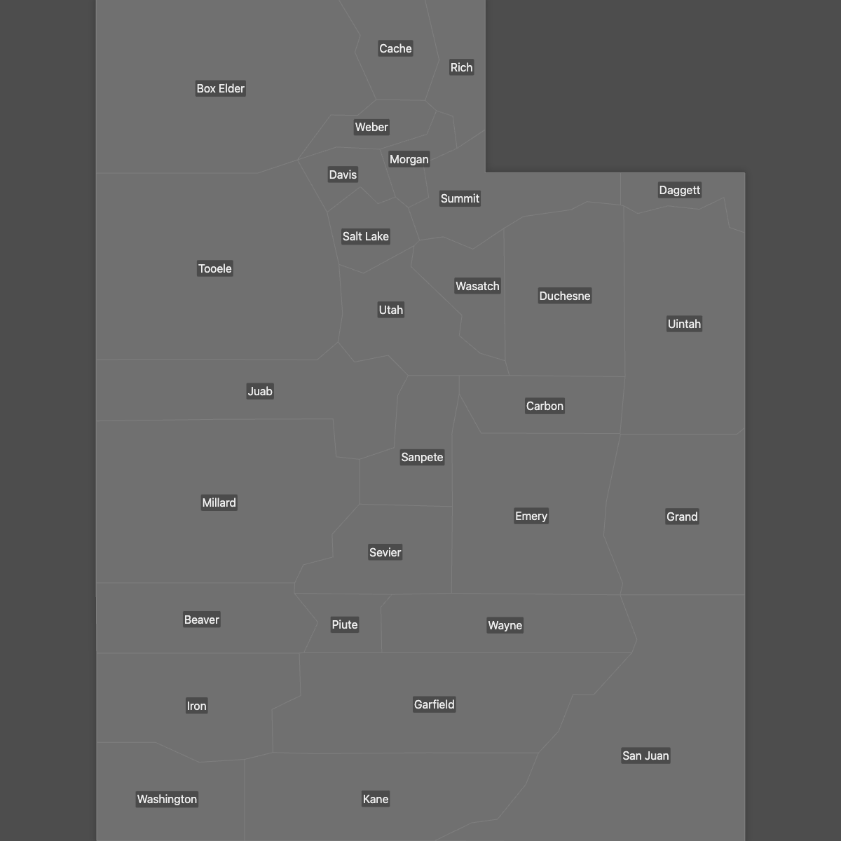 Blank Map of Utah Counties with Labels (Dark Theme)