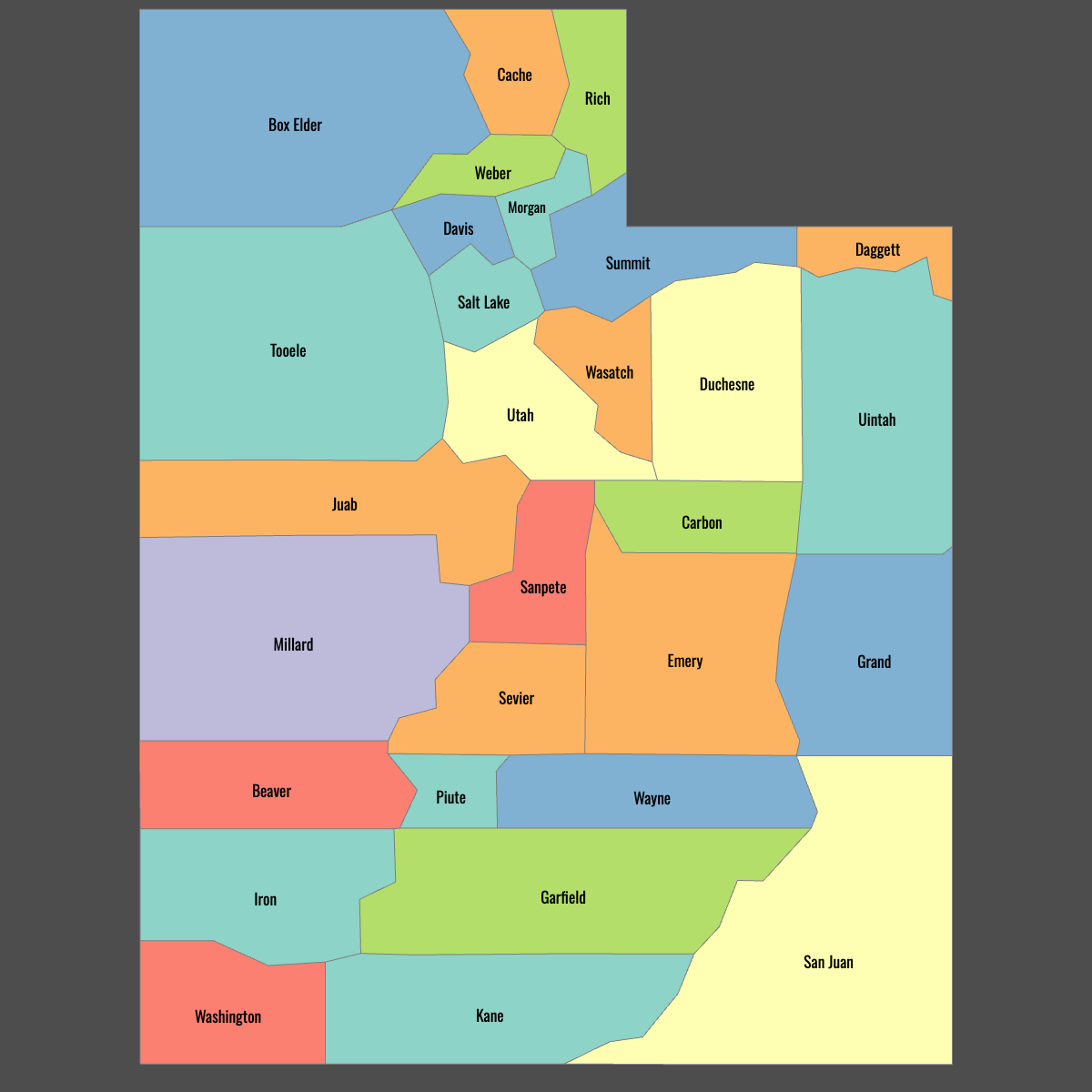 Colored Map of Utah Counties with Labels (Dark Theme)