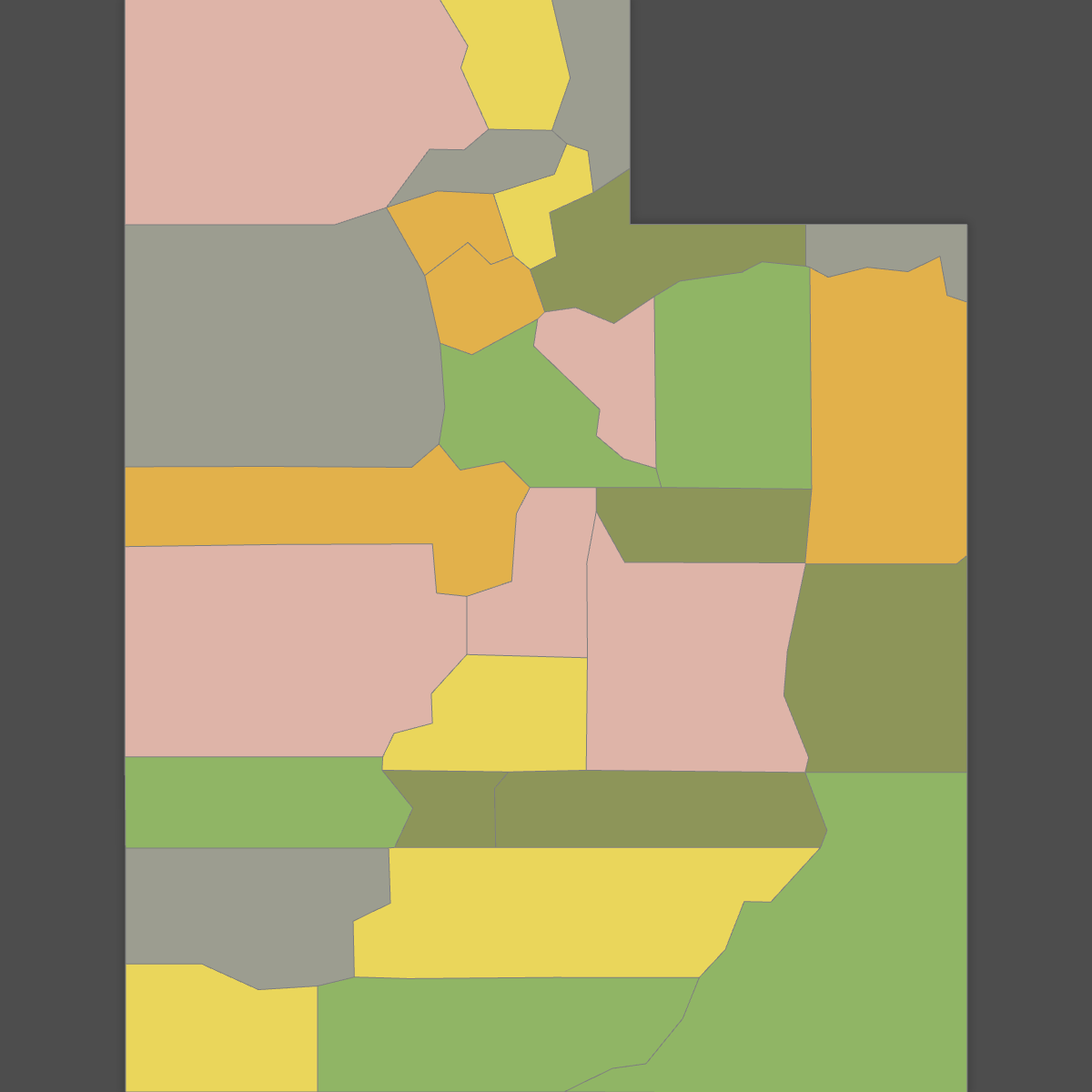 Colored Map of Utah Counties (Dark Theme)