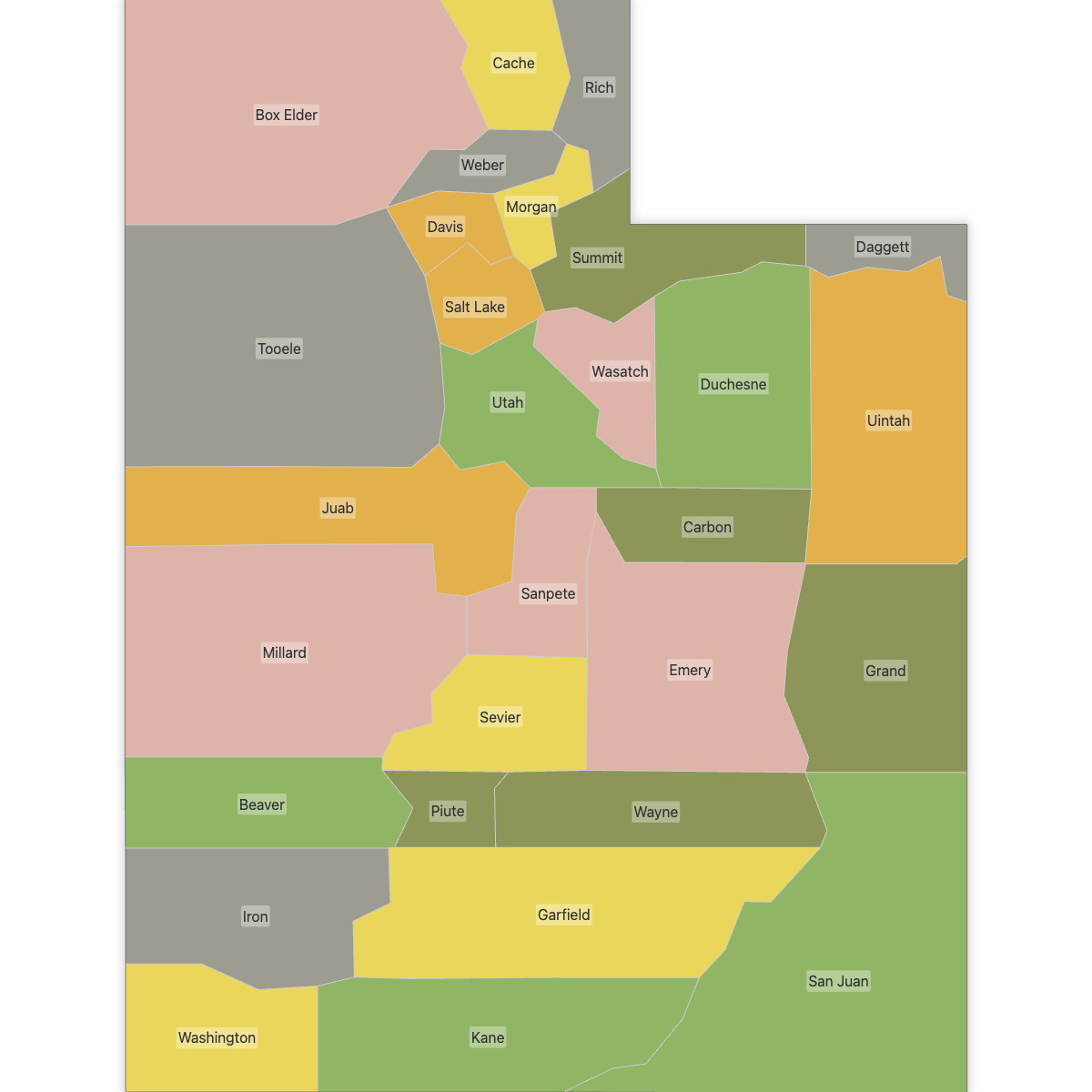 Colored Map of Utah Counties with Labels