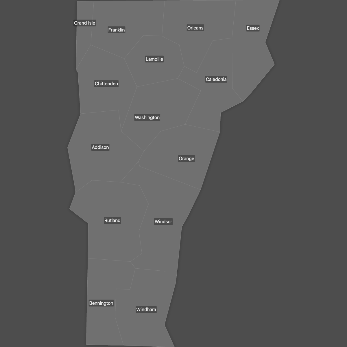 Blank Map of Vermont Counties with Labels (Dark Theme)