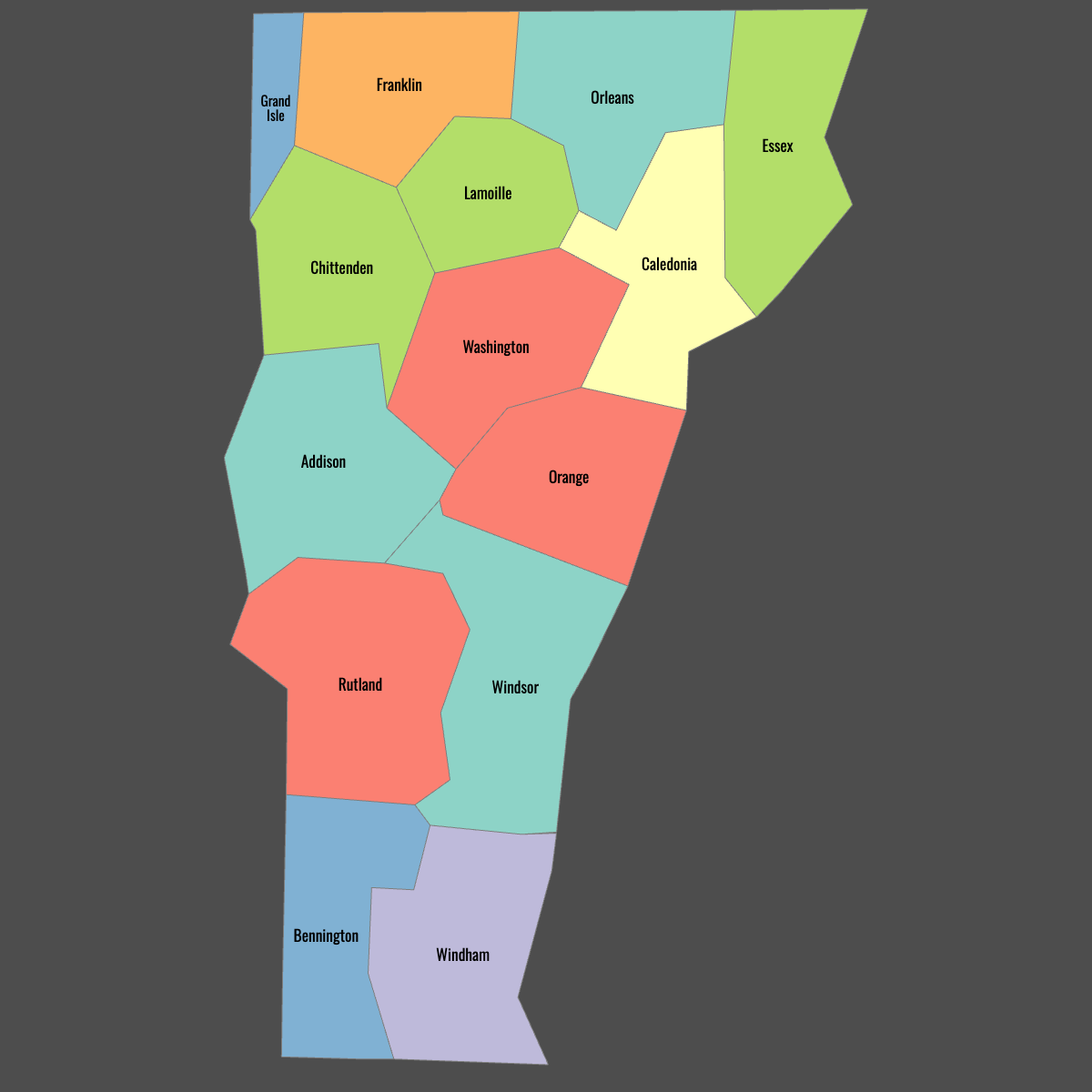 Colored Map of Vermont Counties with Labels (Dark Theme)