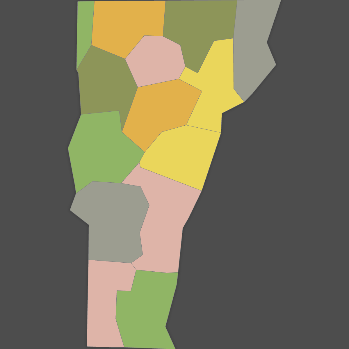 Colored Map of Vermont Counties (Dark Theme)