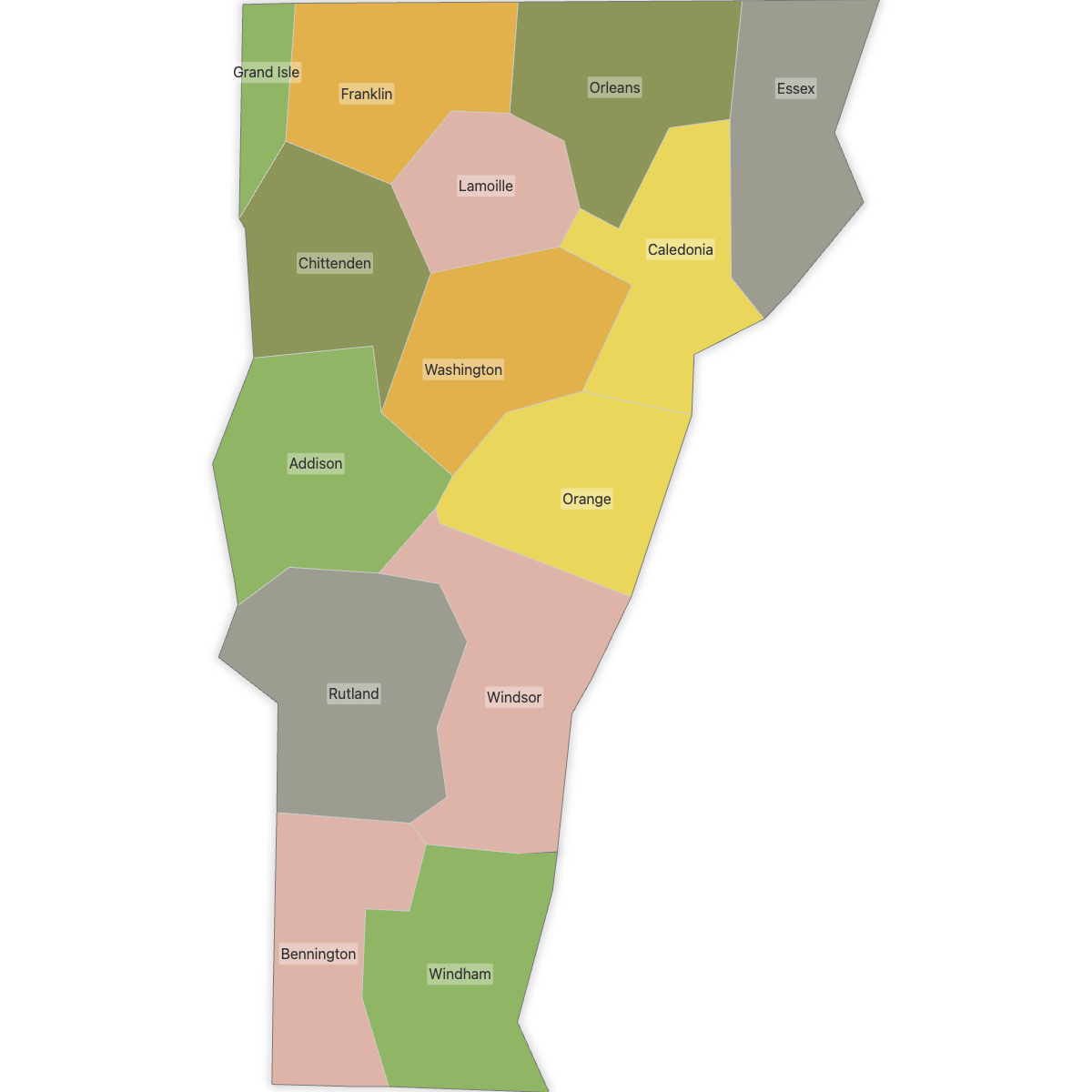 Colored Map of Vermont Counties with Labels