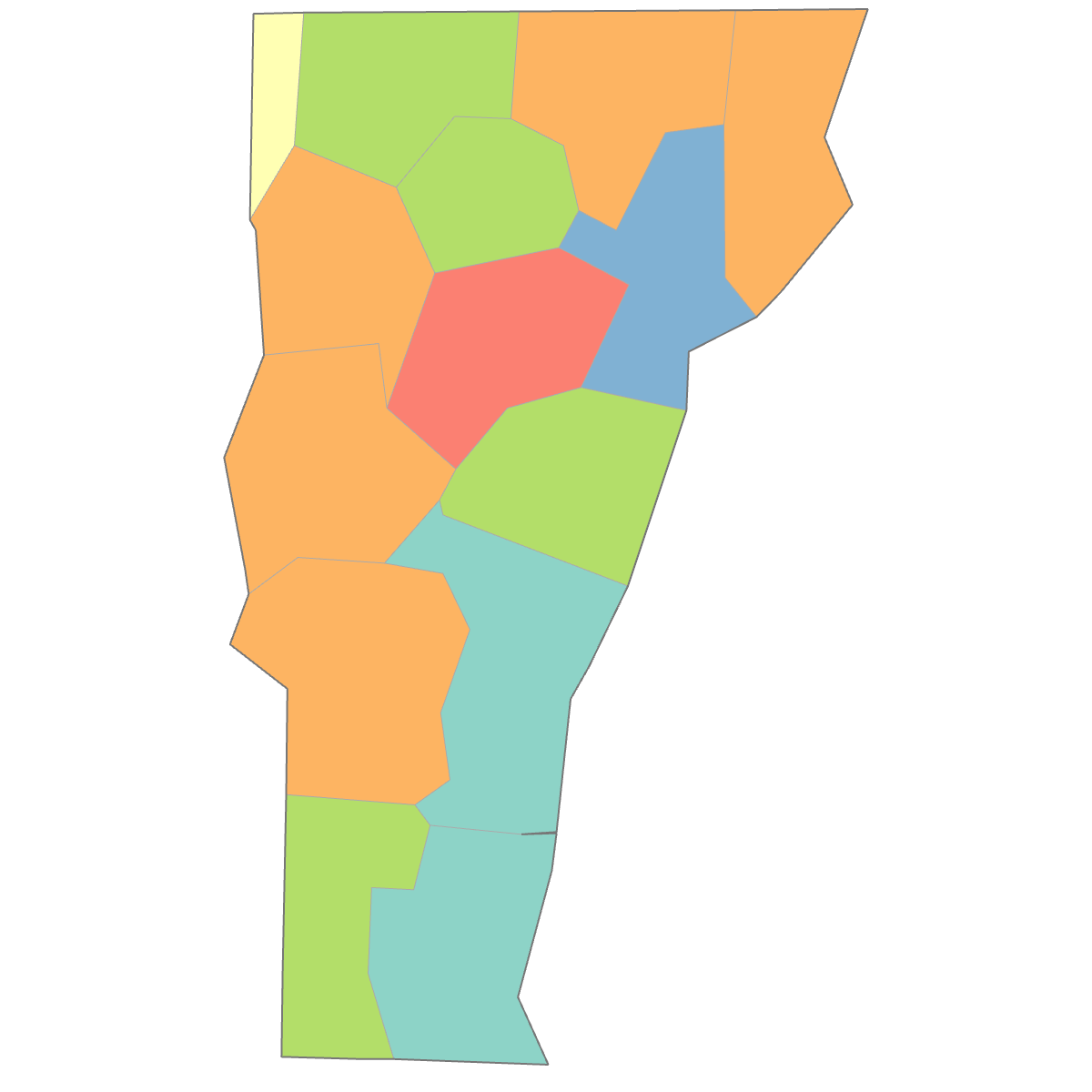 Colored Map of Vermont Counties