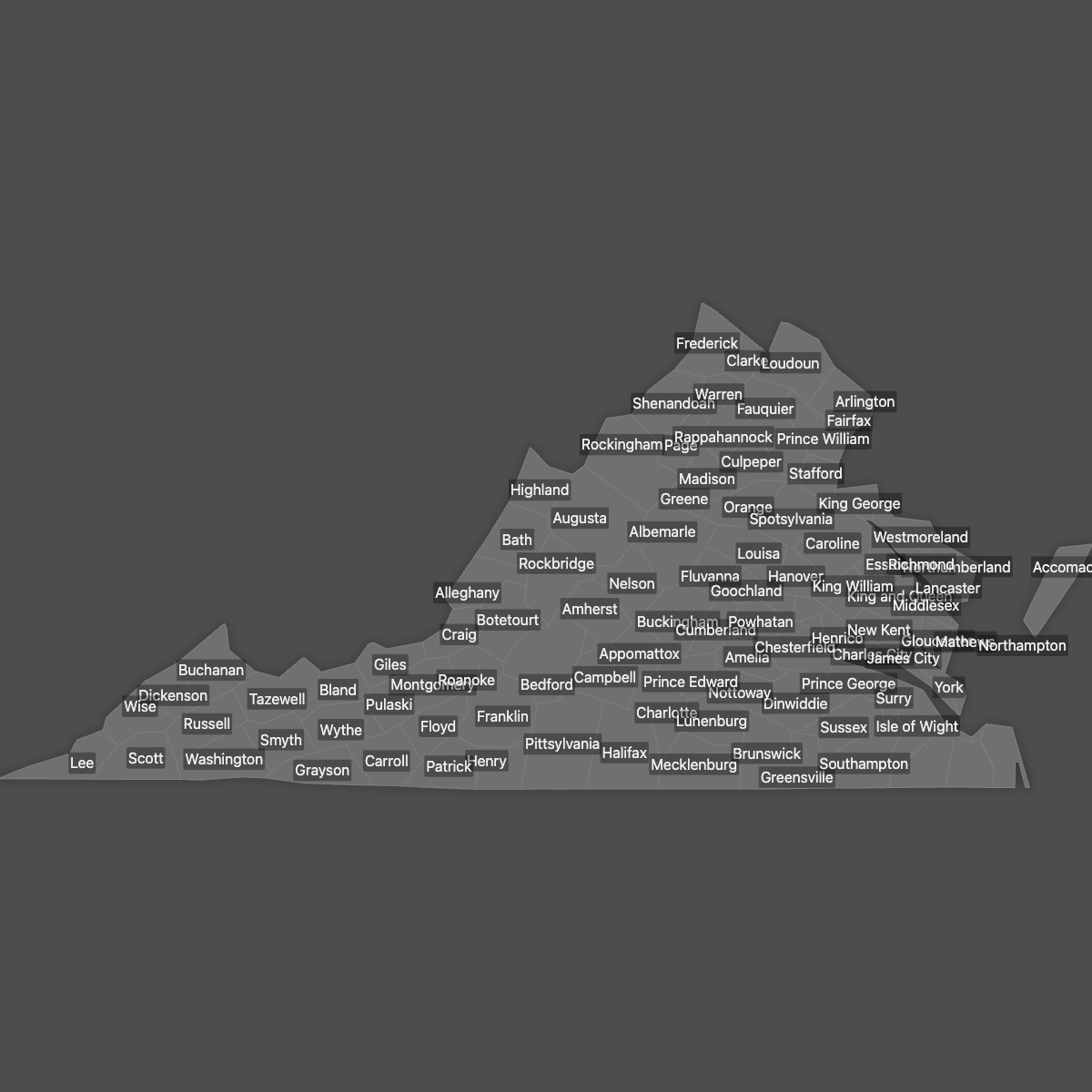 Blank Map of Virginia Counties with Labels (Dark Theme)