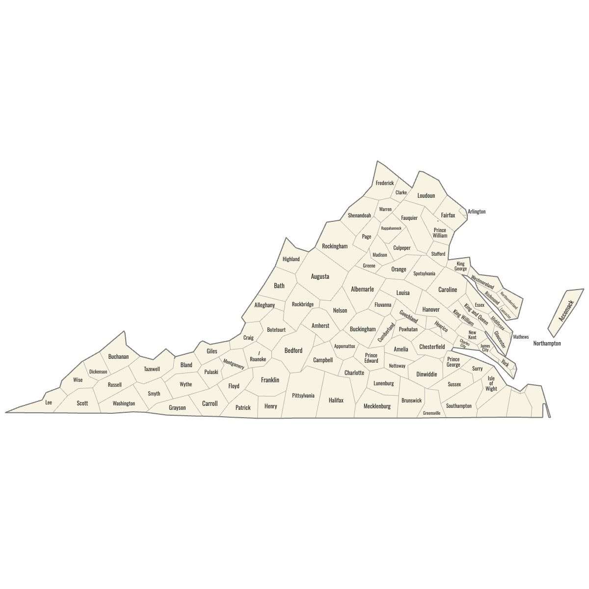 Blank Map of Virginia Counties with Labels