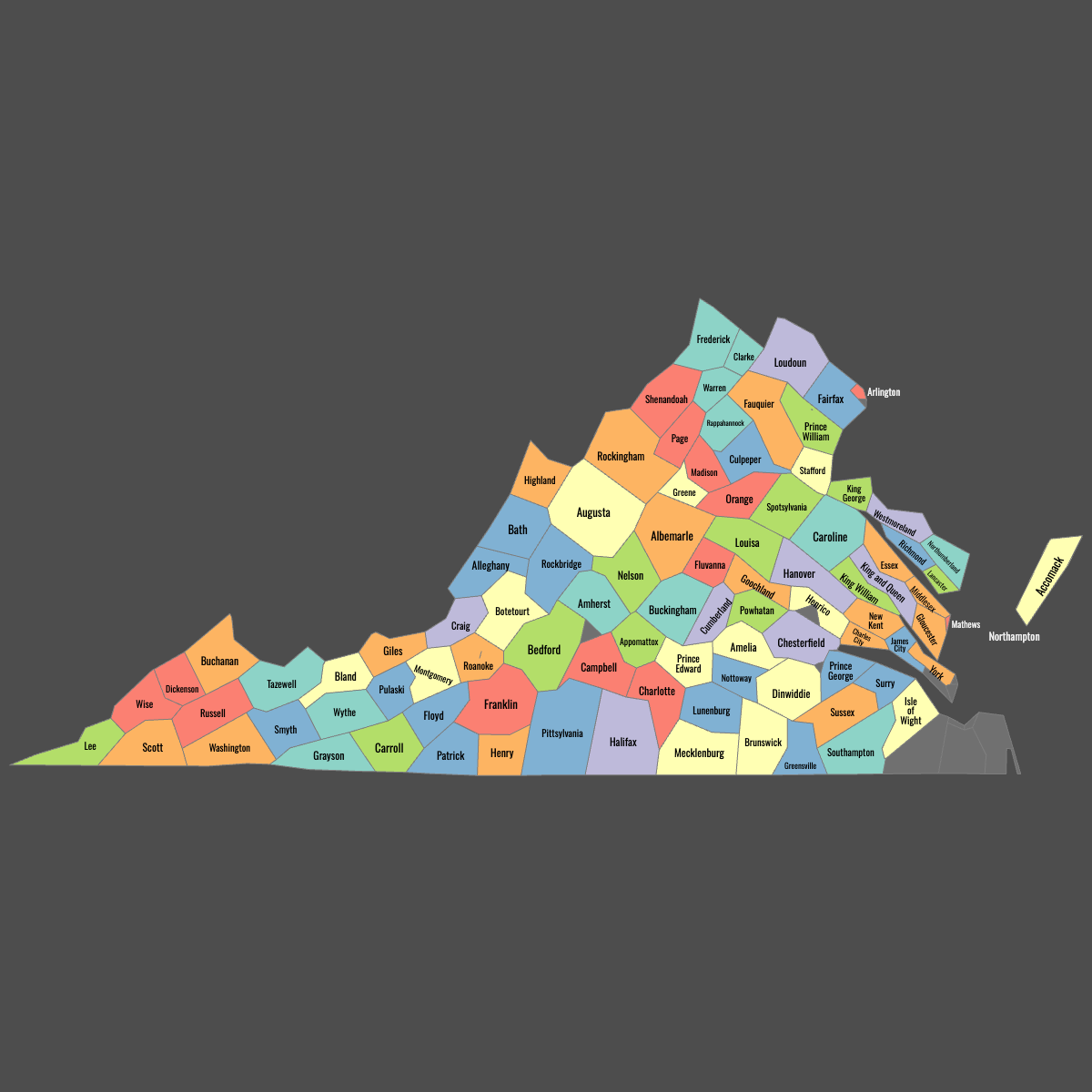 Colored Map of Virginia Counties with Labels (Dark Theme)