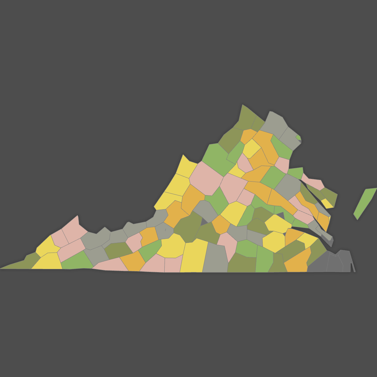 Colored Map of Virginia Counties (Dark Theme)