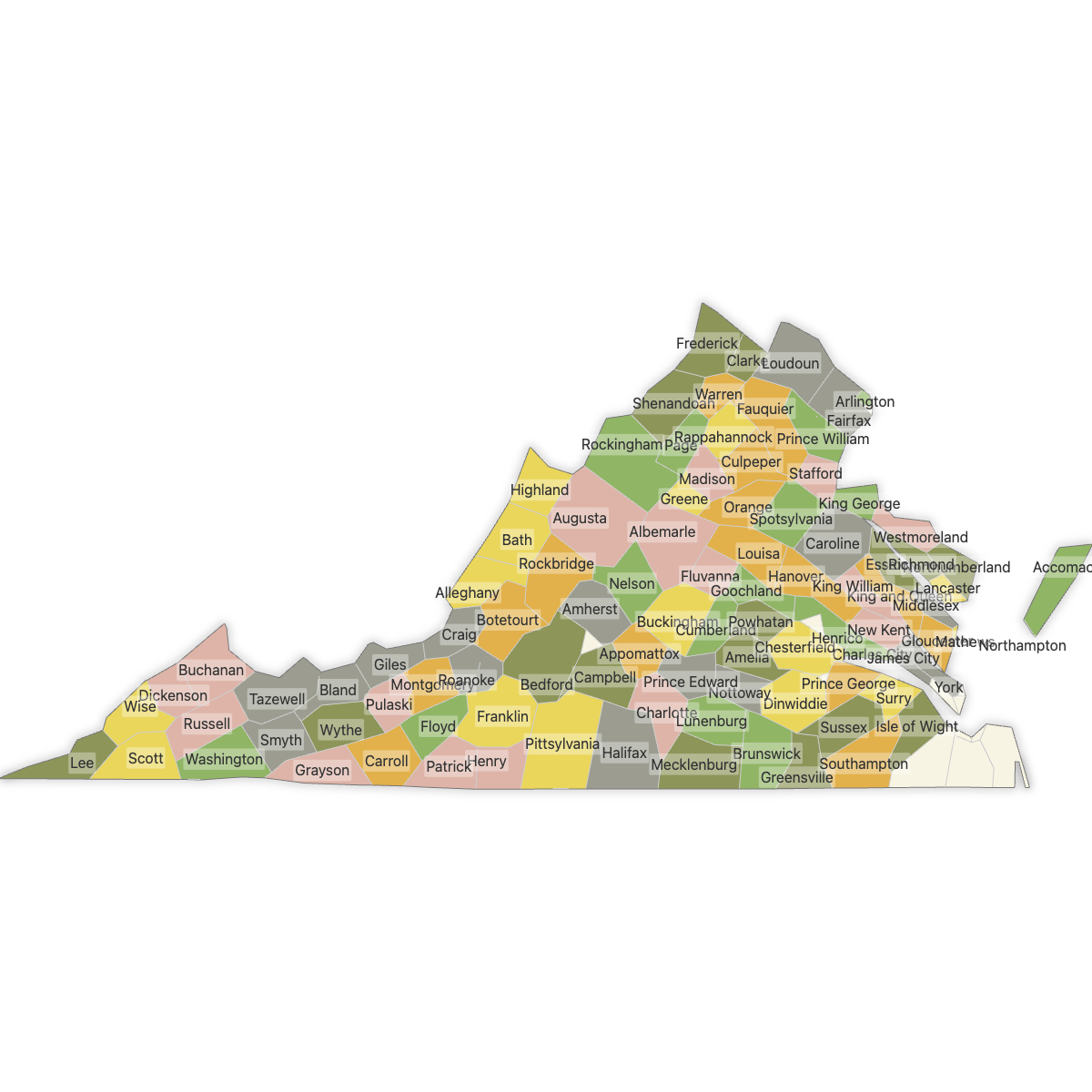 Colored Map of Virginia Counties with Labels