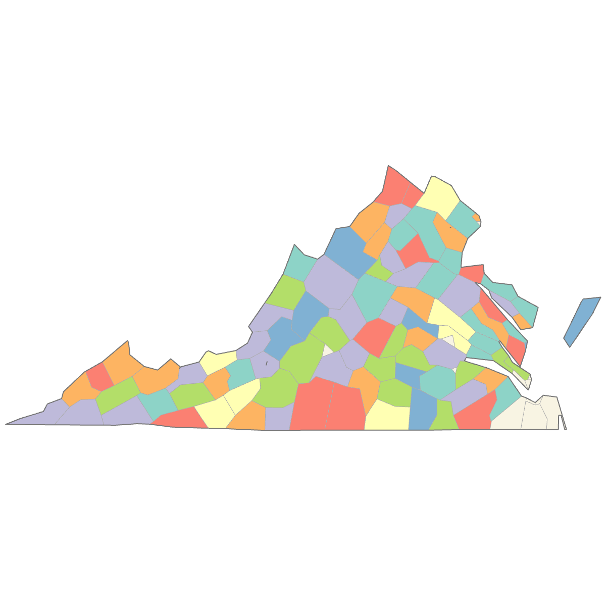 Colored Map of Virginia Counties