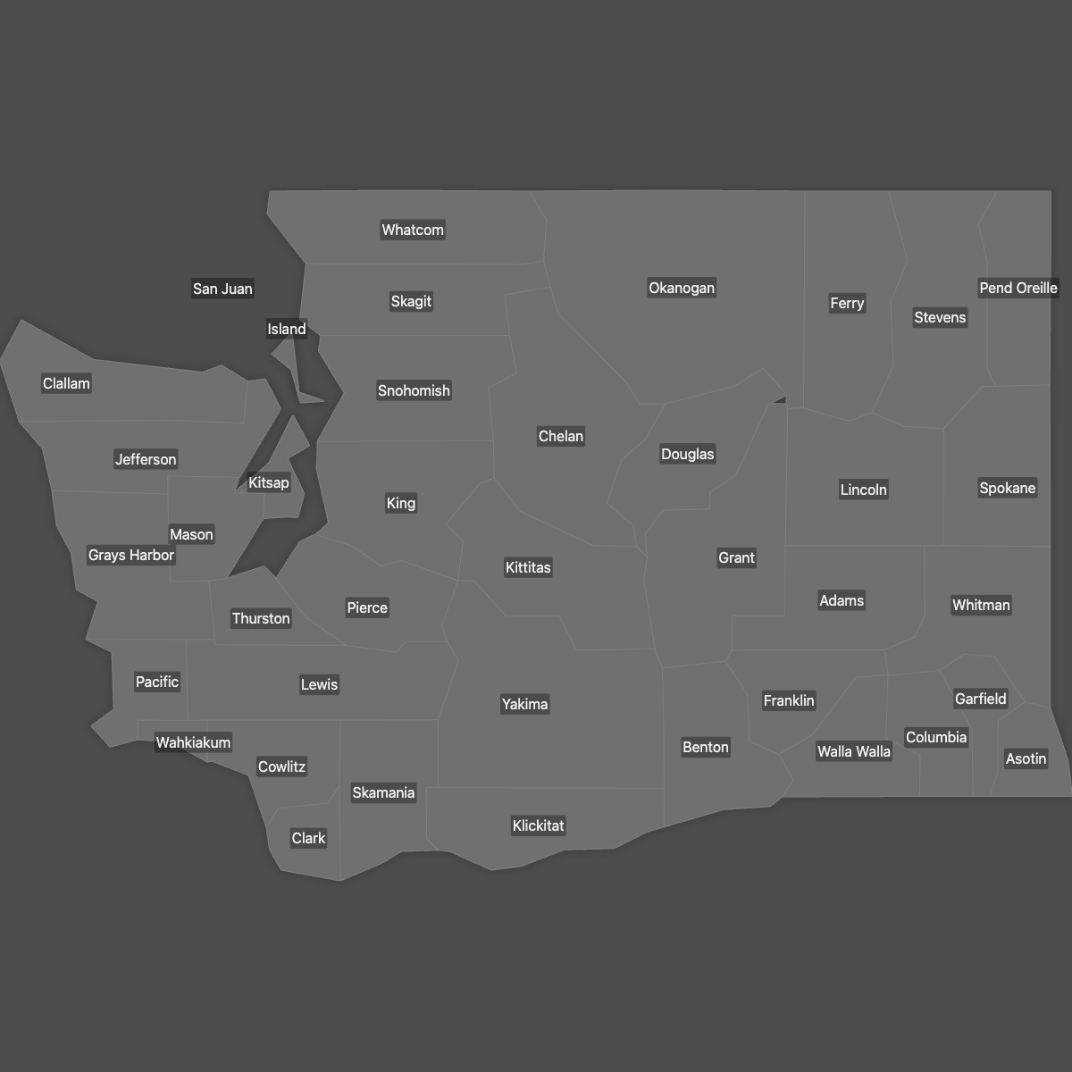 Blank Map of Washington Counties with Labels (Dark Theme)