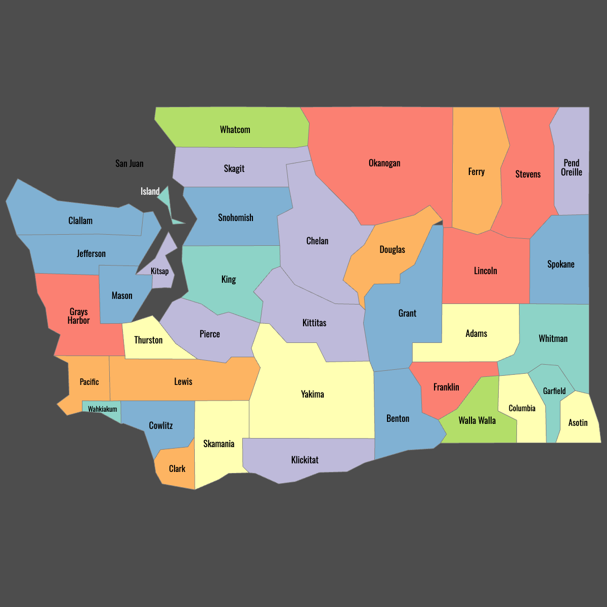 Colored Map of Washington Counties with Labels (Dark Theme)