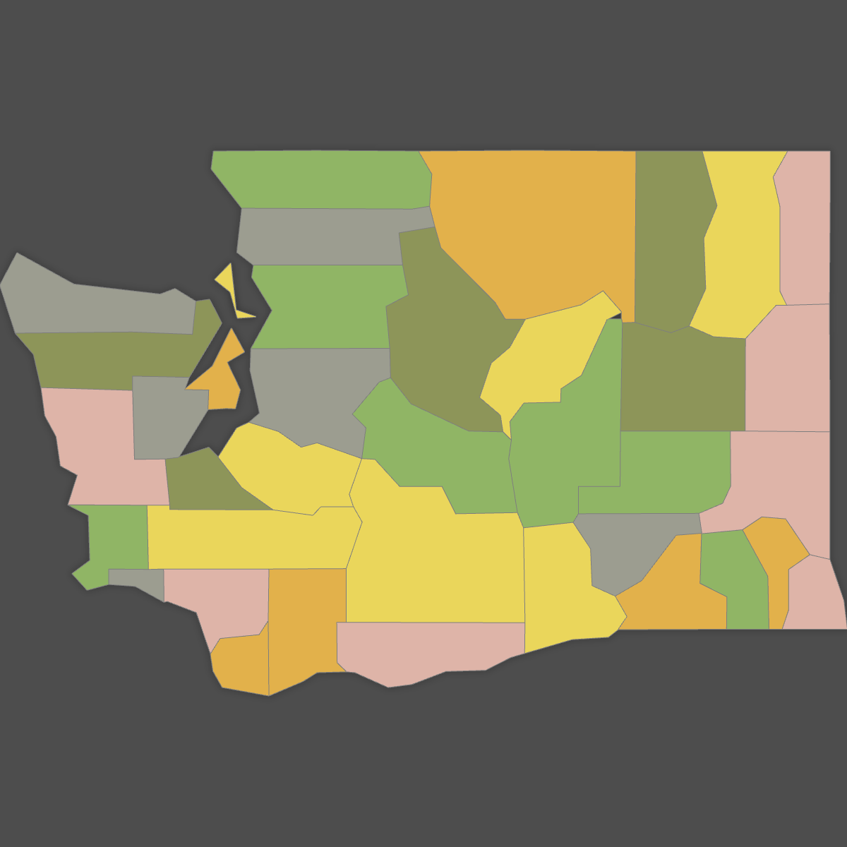 Colored Map of Washington Counties (Dark Theme)